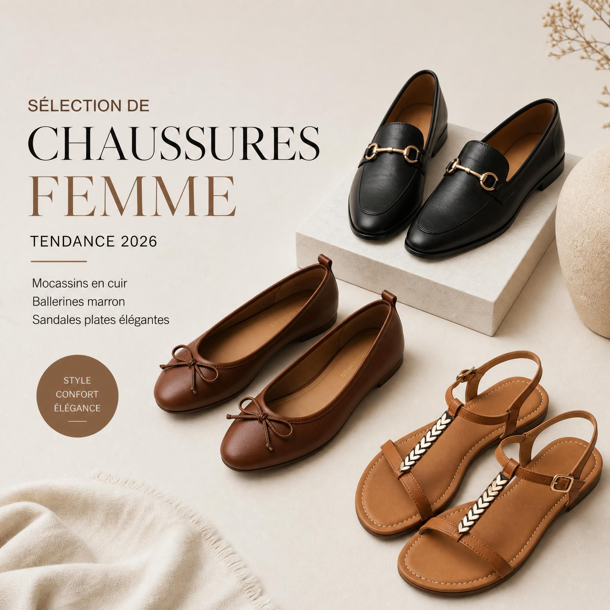Sélection de chaussures femme tendance 2026 — mocassins cuir, ballerines marron et sandales plates élégantes disposées sur fond neutre