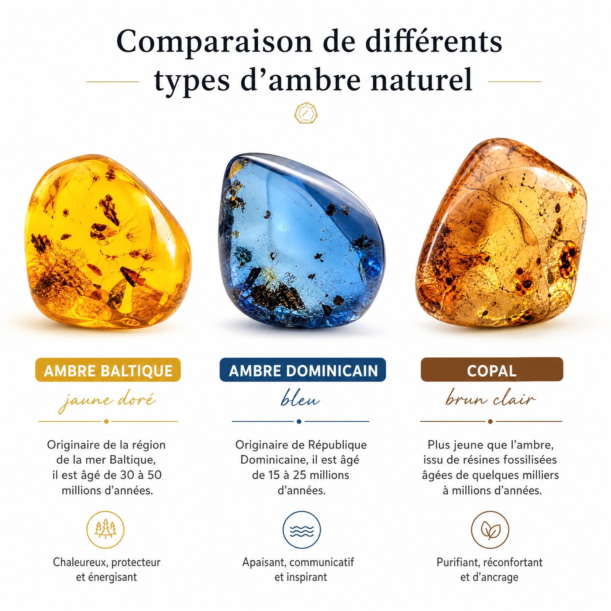 Comparaison de différents types d'ambre naturel — baltique jaune doré, dominicain bleu, et copal brun clair sur fond blanc