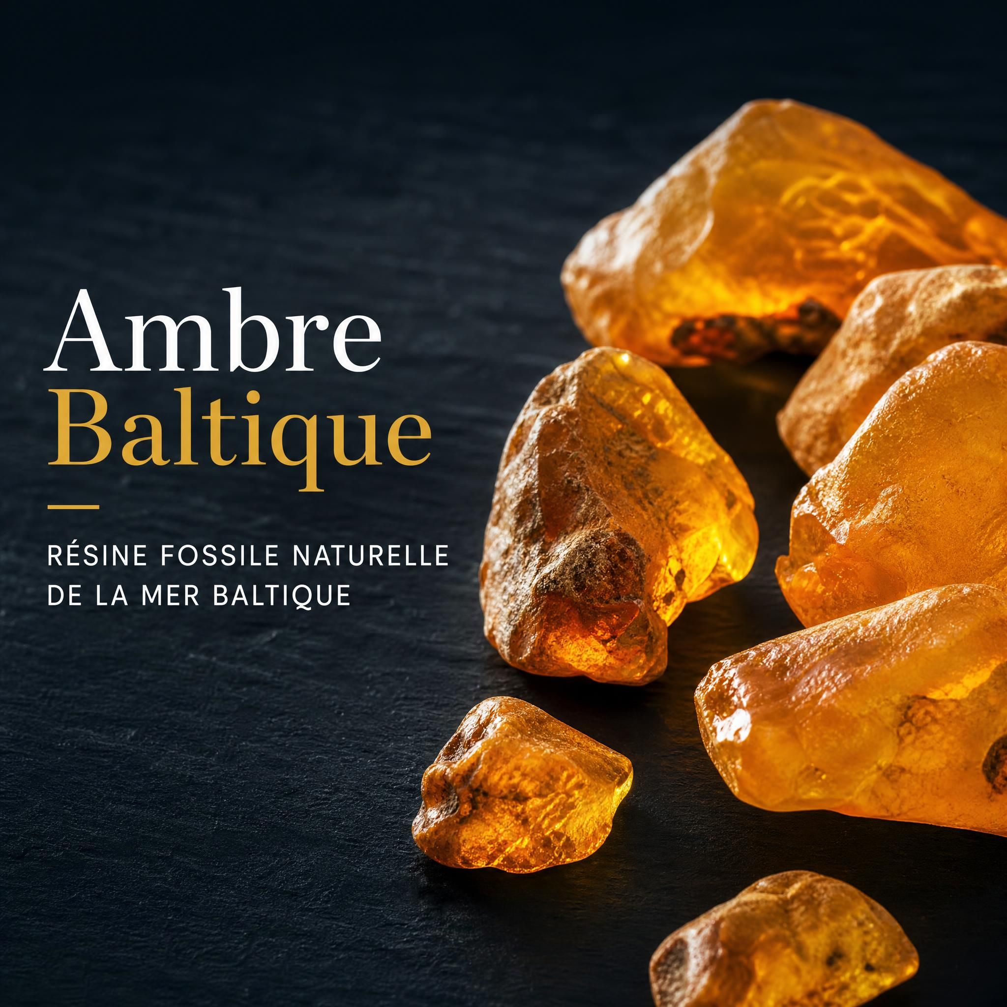 Morceaux d'ambre baltique naturel brut dorés sur fond sombre, résine fossile de la mer Baltique