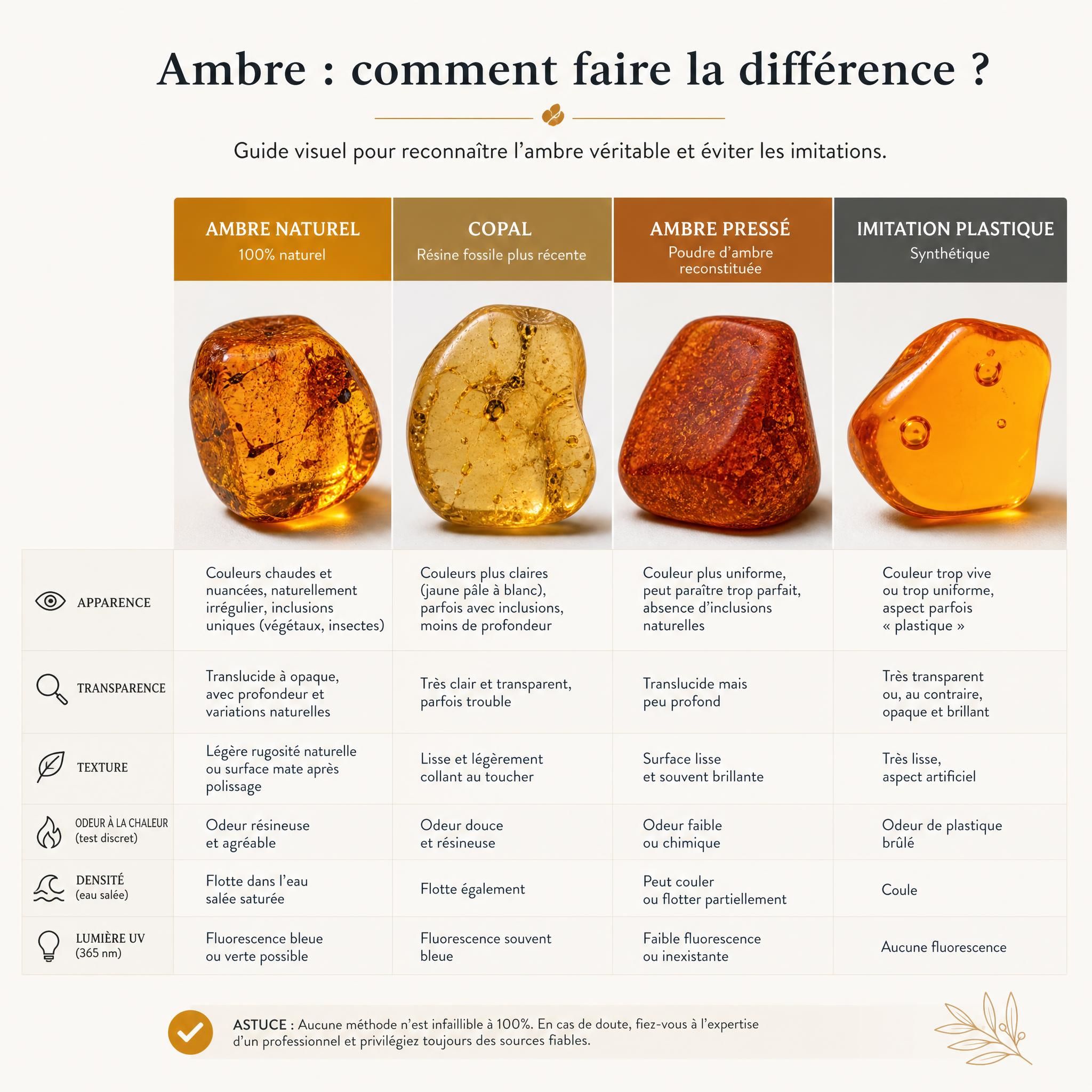 Tableau comparatif illustré montrant les différences visuelles entre ambre naturel, copal, ambre pressé et imitation plastique