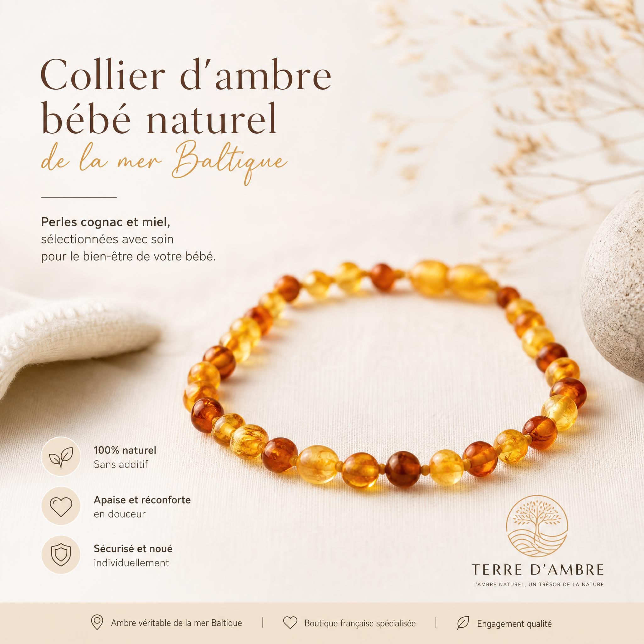 Collier d'ambre bébé naturel de la mer Baltique, perles cognac et miel sur fond doux, boutique Terre d'Ambre