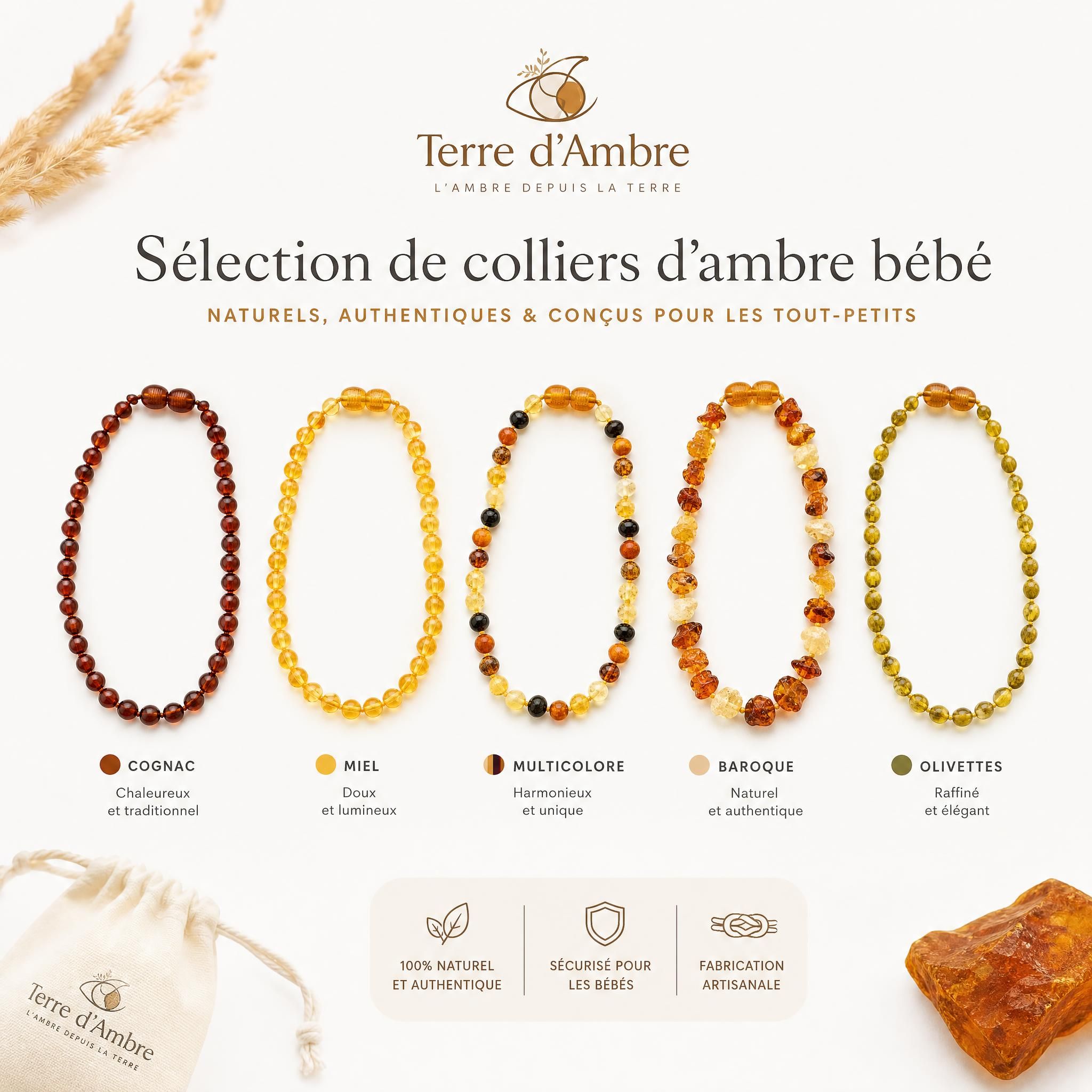Sélection de colliers d'ambre bébé Terre d'Ambre en différentes couleurs : cognac, miel, multicolore, collection Baroque et Olivettes