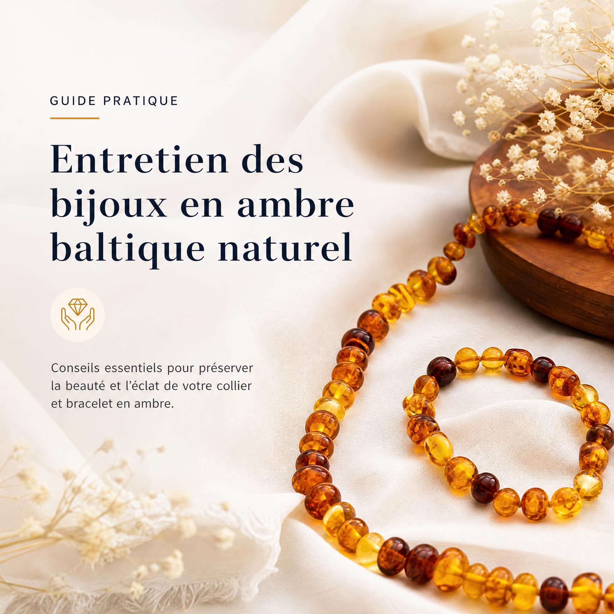 Guide entretien bijoux en ambre baltique naturel - collier et bracelet ambre sur tissu doux