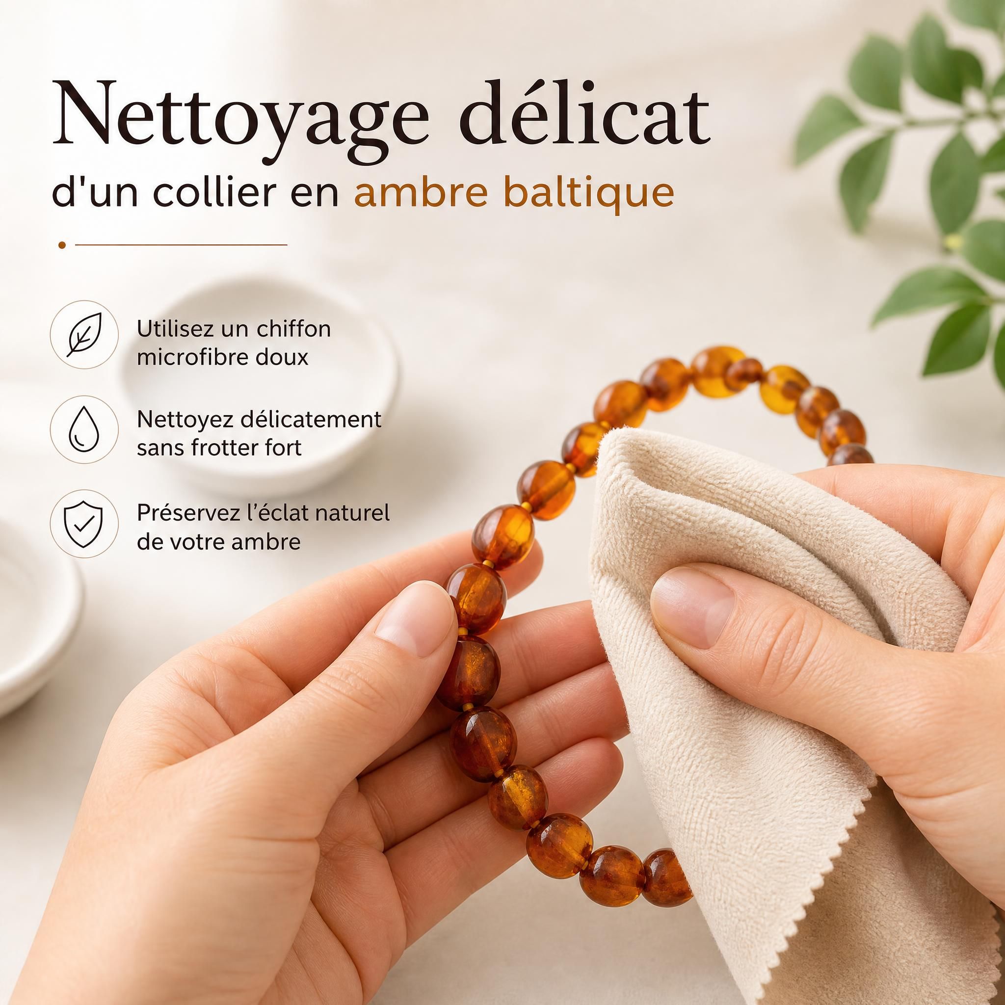 Nettoyage délicat d'un collier en ambre baltique avec chiffon microfibre doux