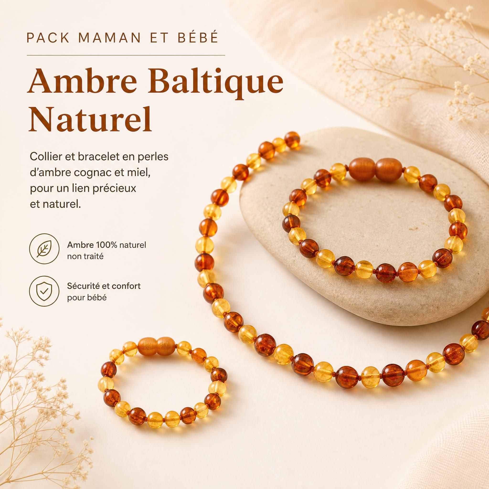 Pack maman et bébé ambre baltique naturel – collier et bracelet en perles d'ambre cognac et miel sur fond doux