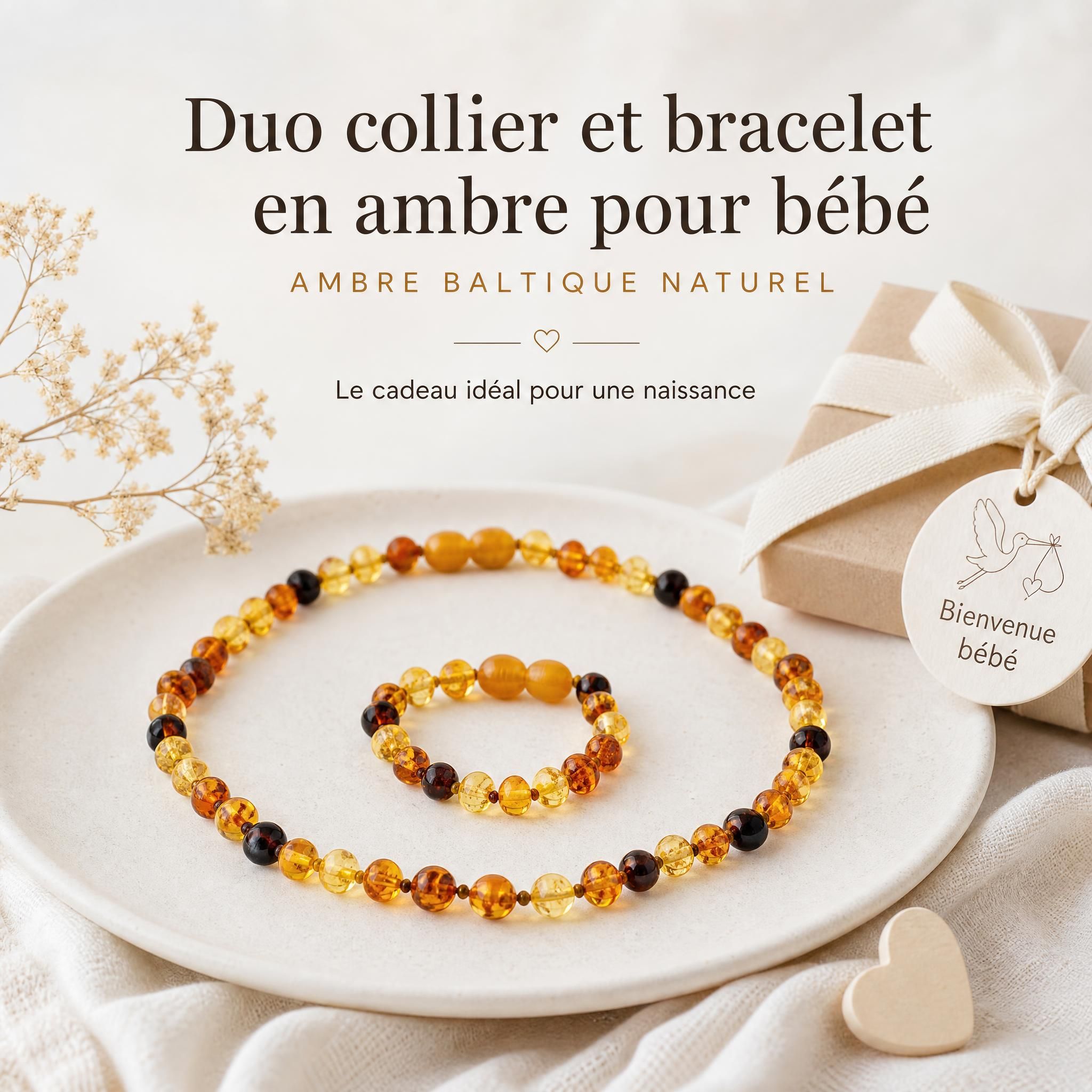 duo collier et bracelet ambre bébé perles ambre baltique naturel ensemble cadeau naissance