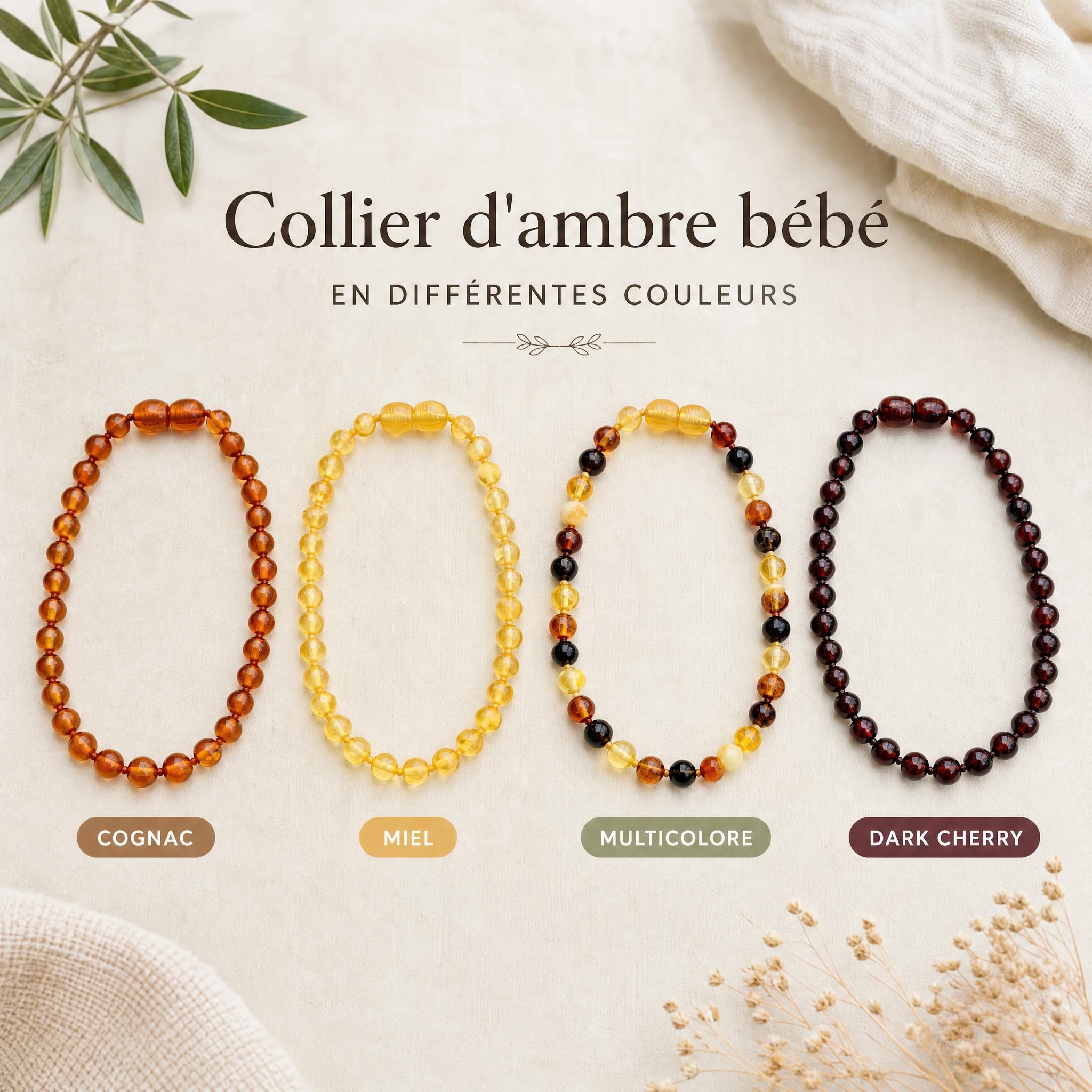 Collier d'ambre bébé en différentes couleurs - cognac, miel, multicolore et dark cherry sur fond naturel