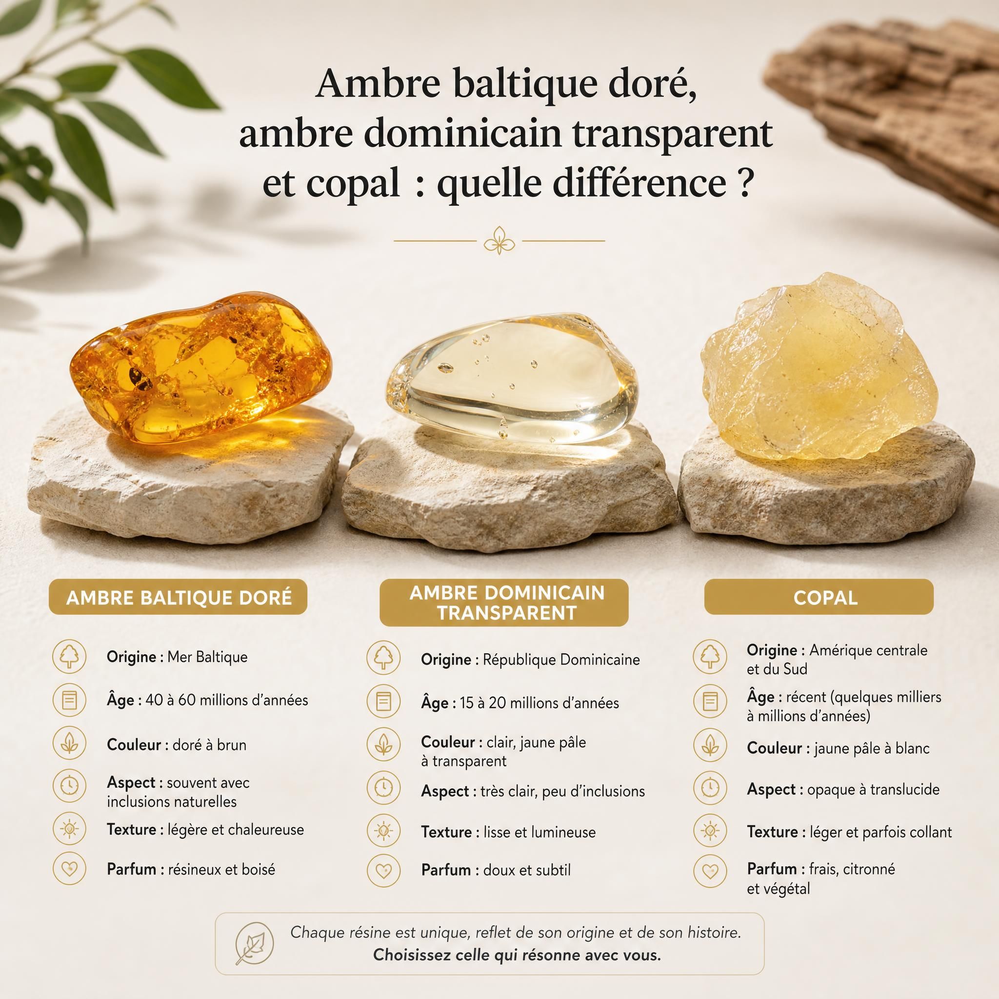 Comparaison ambre baltique doré, ambre dominicain transparent et copal sur fond naturel