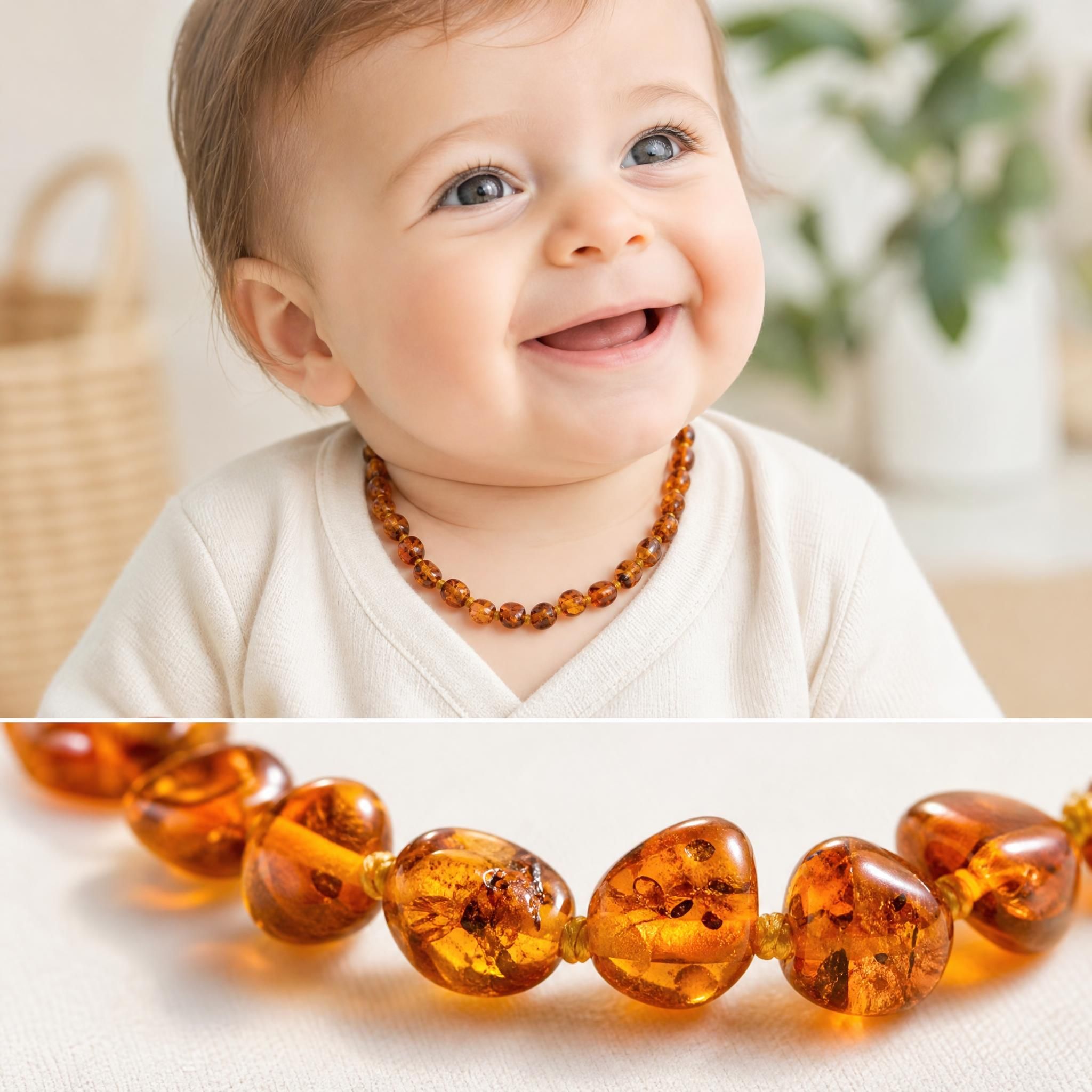 Bébé souriant portant un collier ambre naturel baroque cognac, gros plan sur les perles ambre baltique