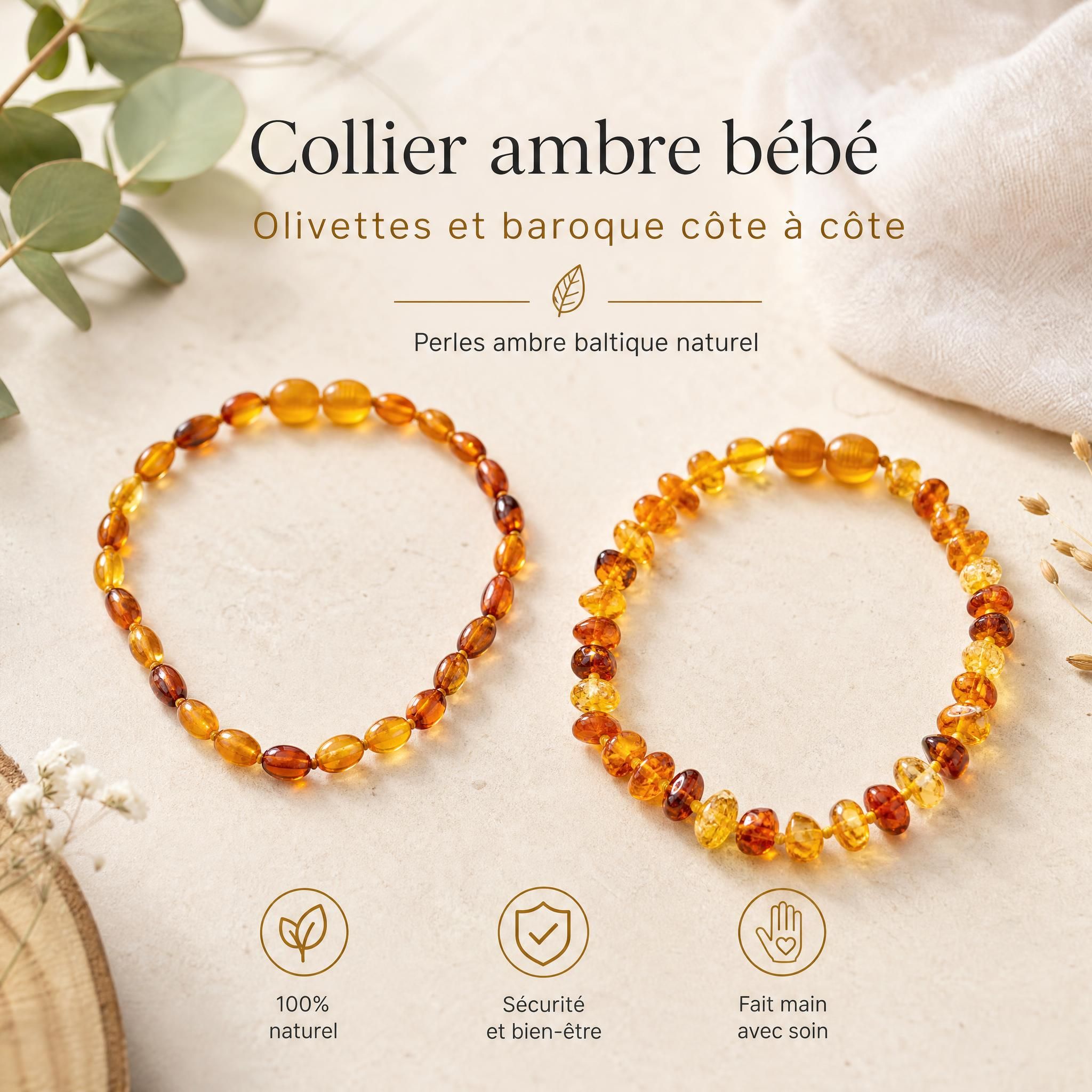 Collier ambre bébé olivettes et baroque côte à côte sur fond naturel, perles ambre baltique naturel