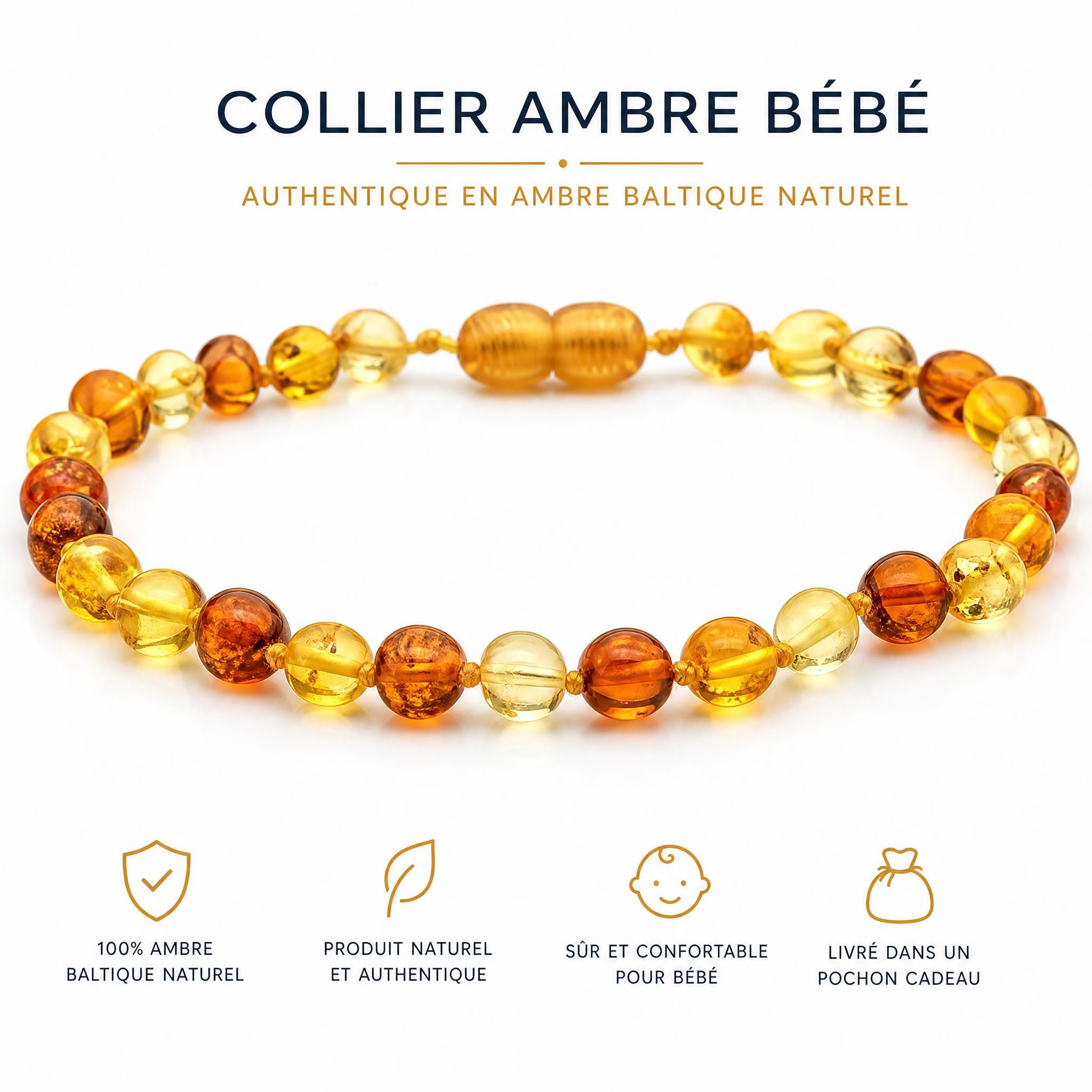 Collier ambre bébé authentique en ambre baltique naturel, perles dorées et miel sur fond blanc