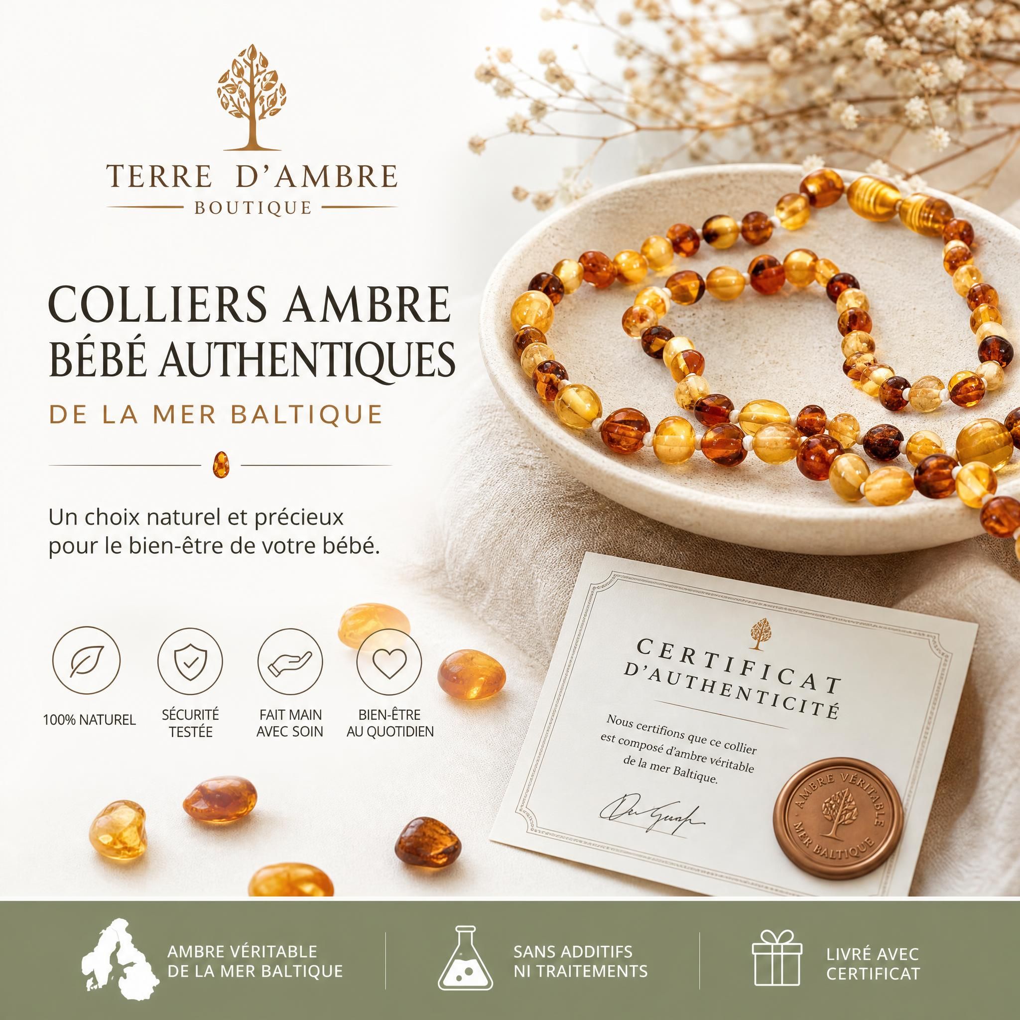 Boutique Terre d'Ambre, colliers ambre bébé authentiques de la mer Baltique avec certificat d'authenticité