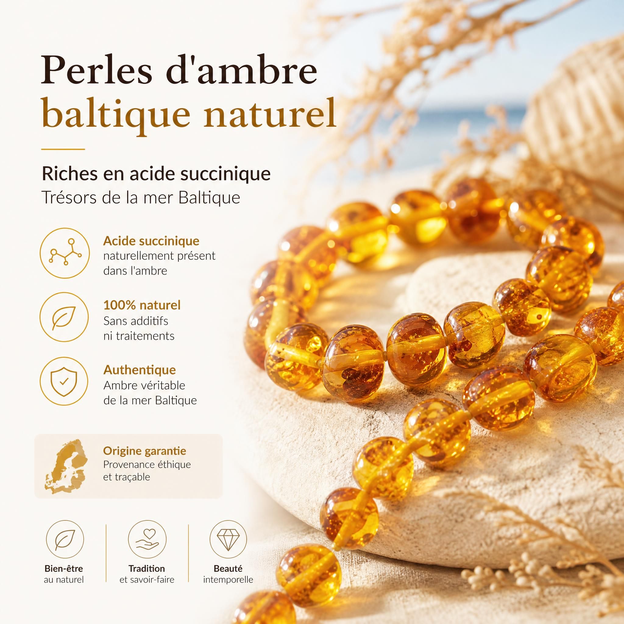Perles d'ambre baltique naturel de la mer Baltique riches en acide succinique, couleur dorée et miel
