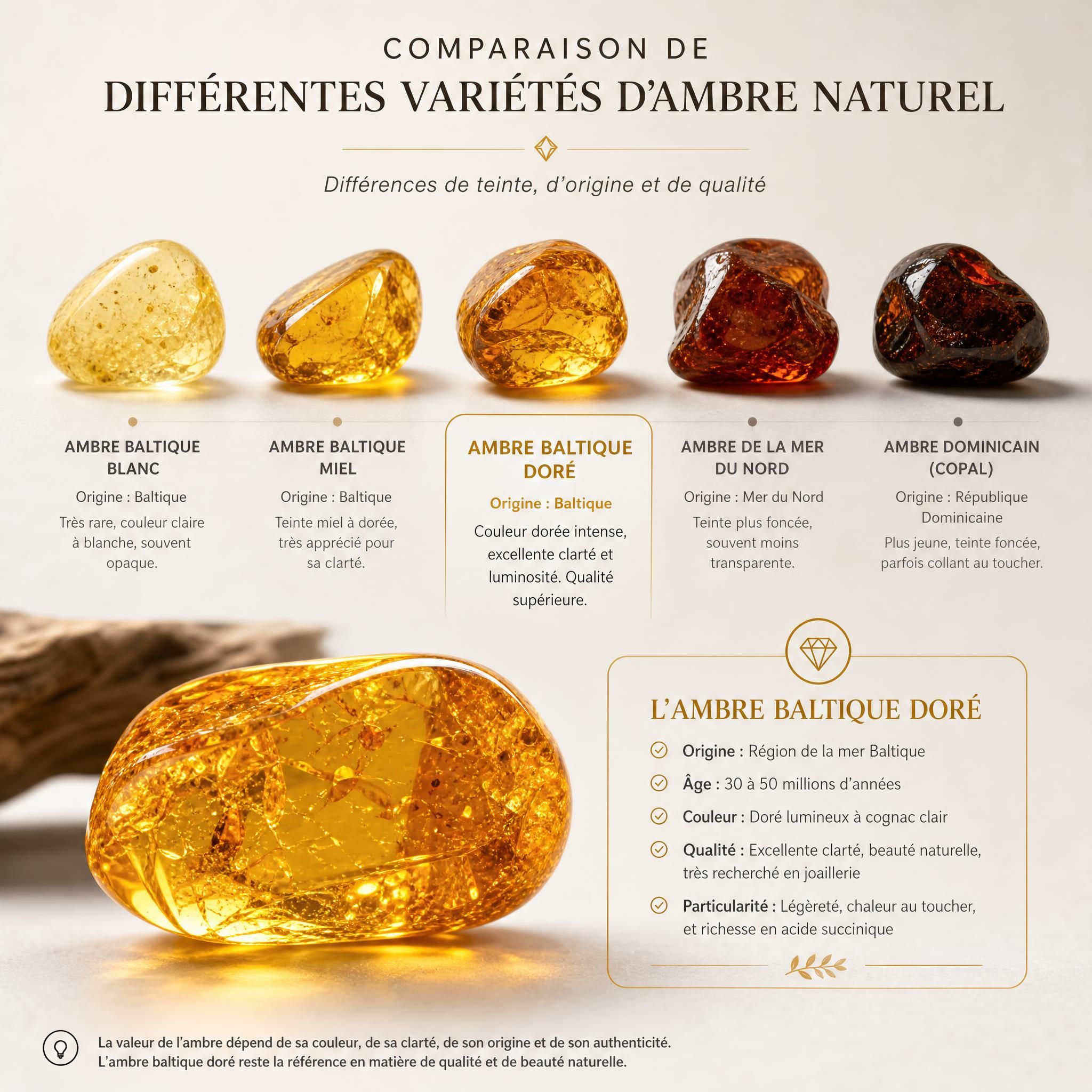 Comparaison de différentes variétés d'ambre naturel, avec l'ambre baltique doré au premier plan, illustration des différences de teinte et de qualité