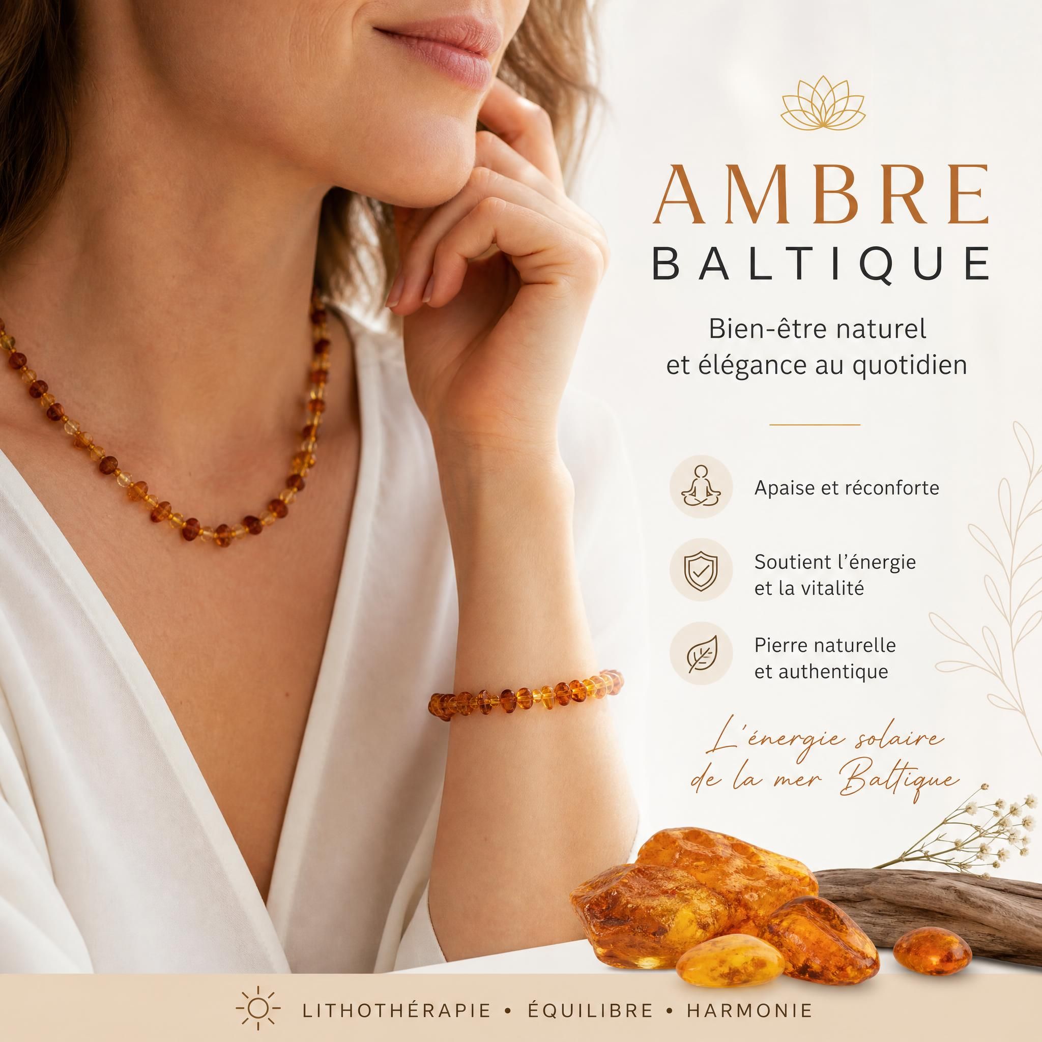 bracelet et collier ambre baltique naturel femme adulte bien-être lithothérapie