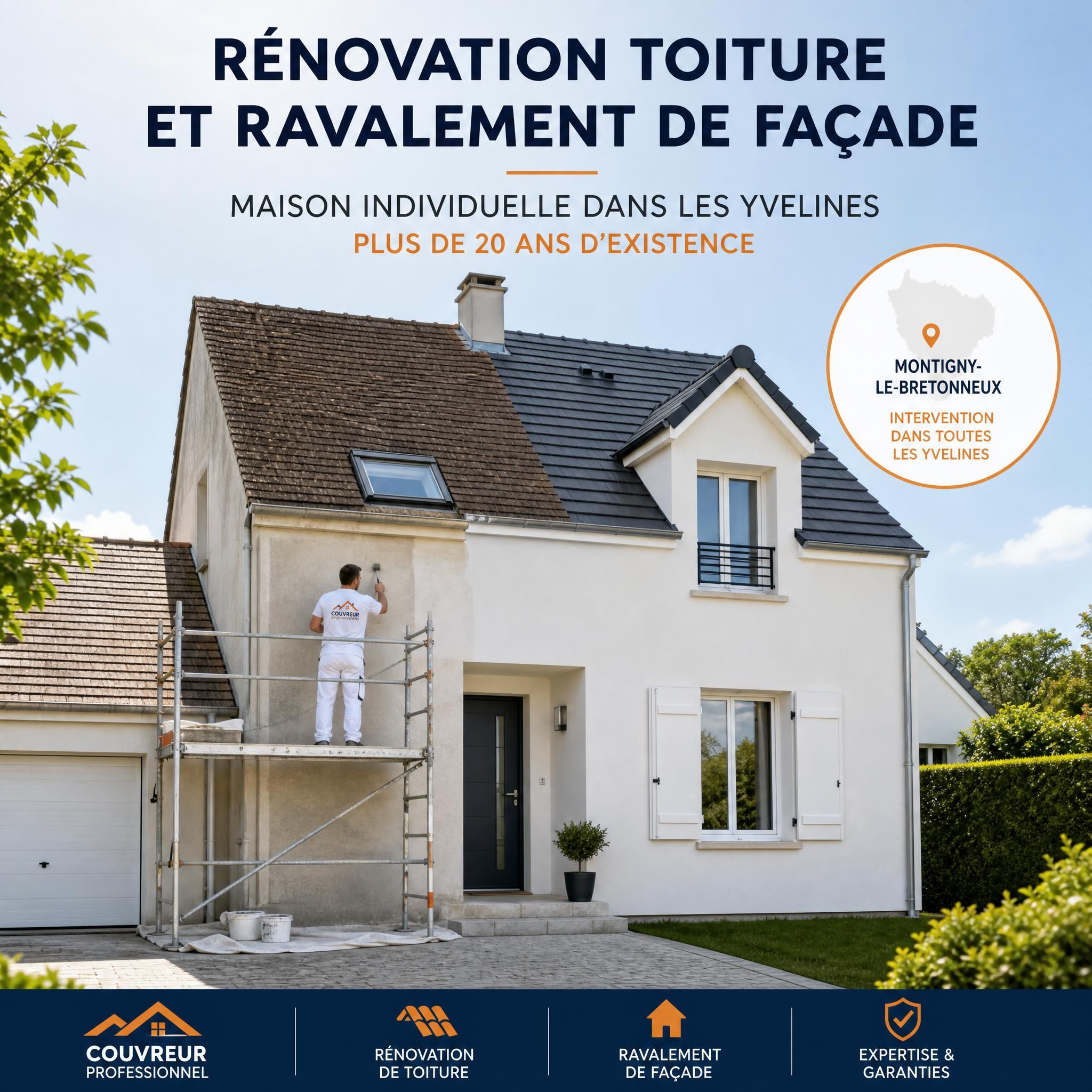 Rénovation toiture et ravalement de façade maison individuelle dans les Yvelines – couvreur professionnel Montigny-le-Bretonneux intervenant sur une maison de plus de 20 ans