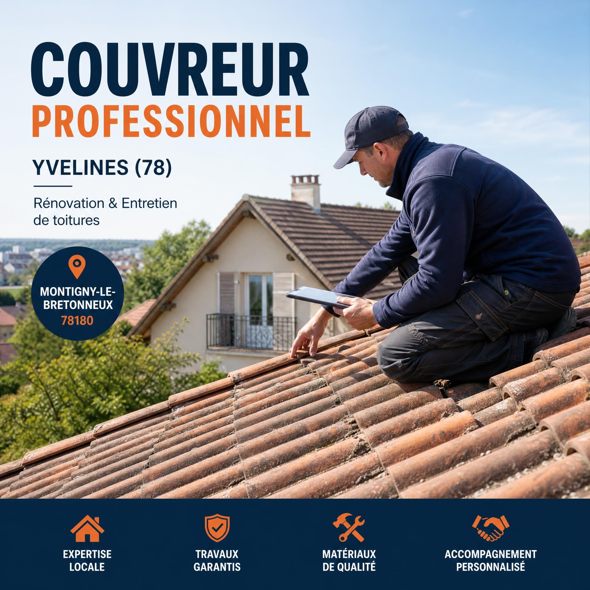 Couvreur professionnel inspectant une toiture en tuiles d'une maison individuelle dans les Yvelines 78, rénovation toiture Yvelines Montigny-le-Bretonneux