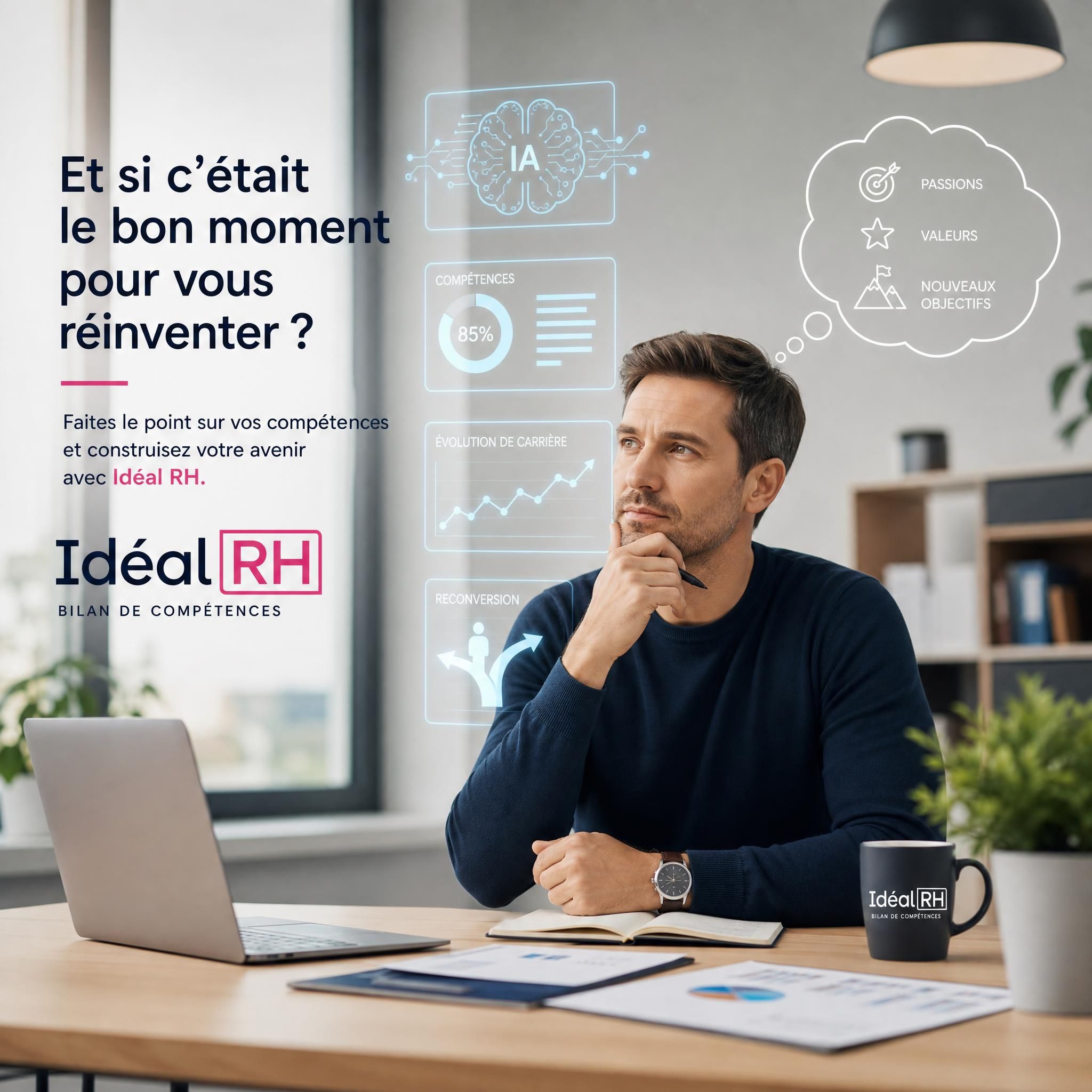 Salarié qui réfléchit à sa reconversion face à l'IA — bilan de compétences Idéal RH, homme assis à un bureau moderne avec des graphiques numériques, ambiance lumineuse professionnelle