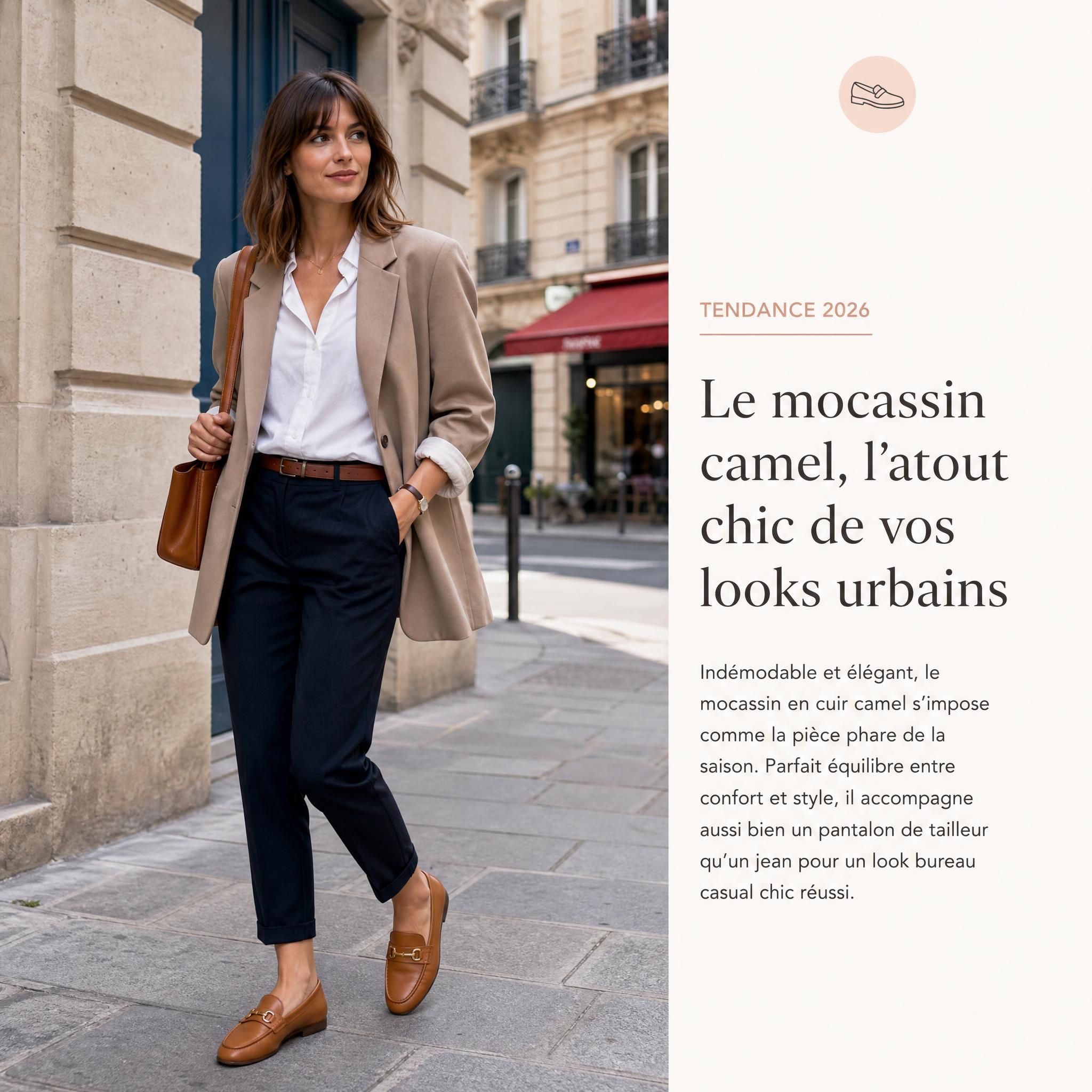 Femme urbaine élégante portant des mocassins en cuir camel dans une rue parisienne, tenue bureau casual chic, chaussures femme tendance 2026