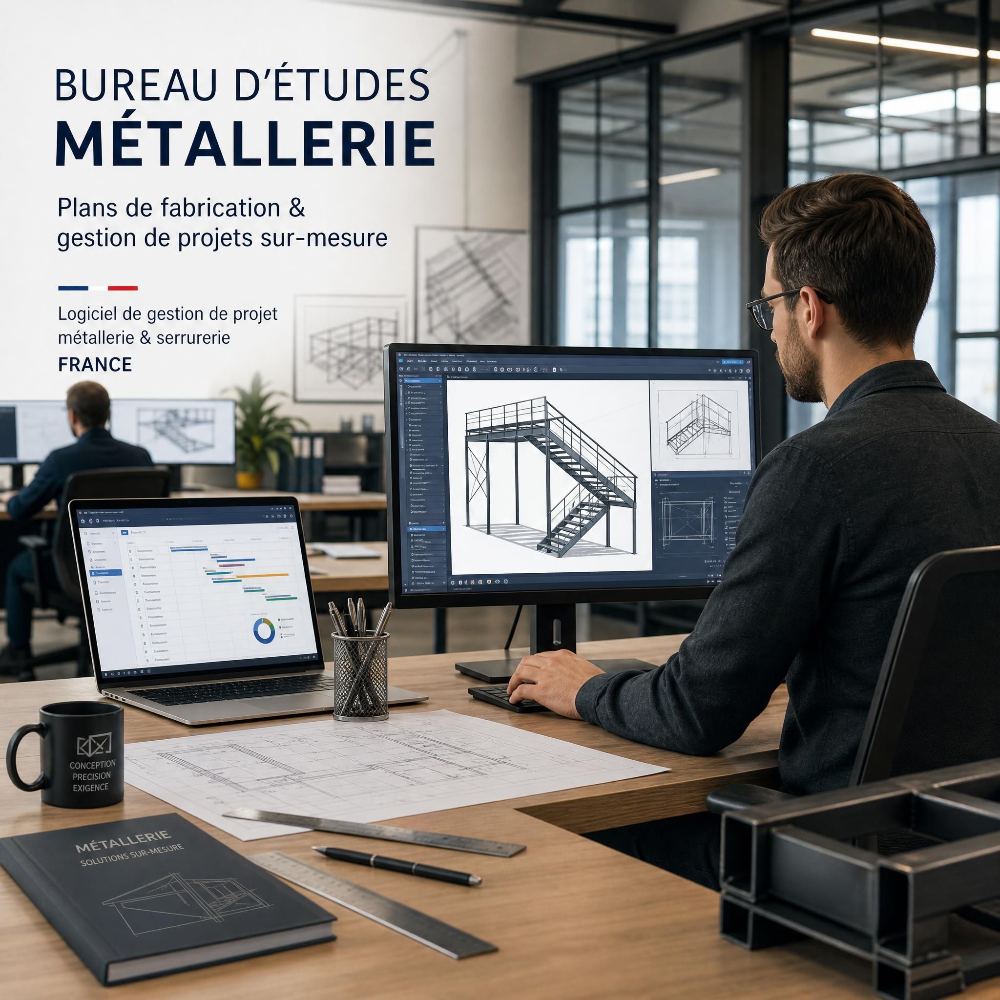 Bureau d'études métallerie avec plans de fabrication sur écran et table à dessin - logiciel de gestion de projet métallerie serrurerie France