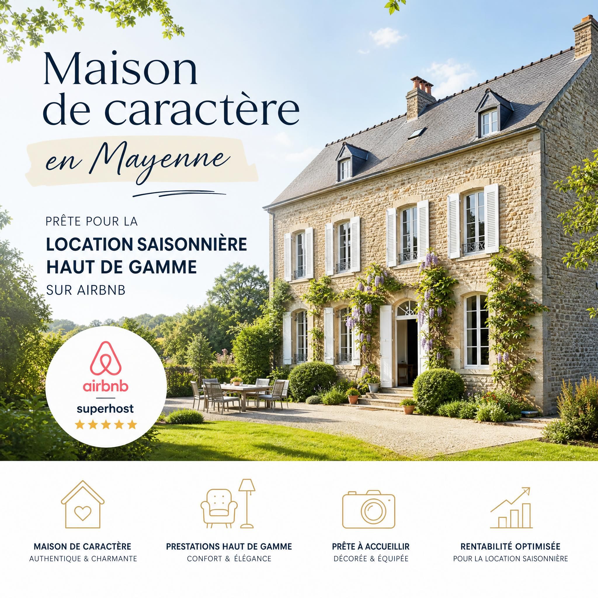 Maison de caractère en Mayenne prête pour la location saisonnière haut de gamme sur Airbnb