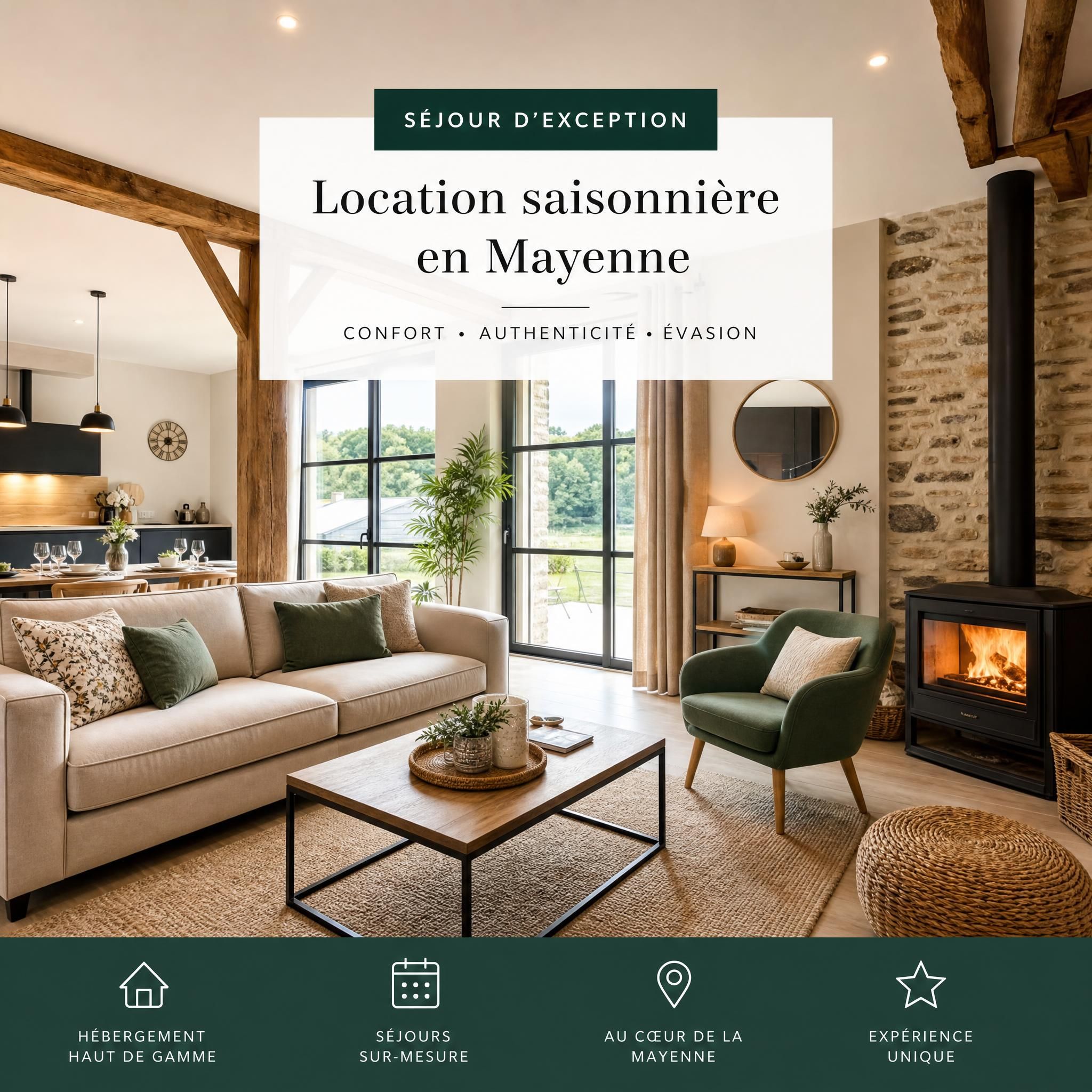Intérieur élégant d'une location saisonnière en Mayenne avec décoration soignée et équipements haut de gamme
