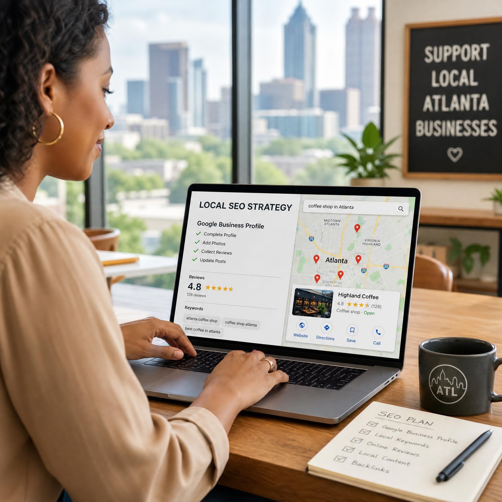 Atlanta small business owner reviewing local SEO strategy on laptop with Google Maps visible on screen