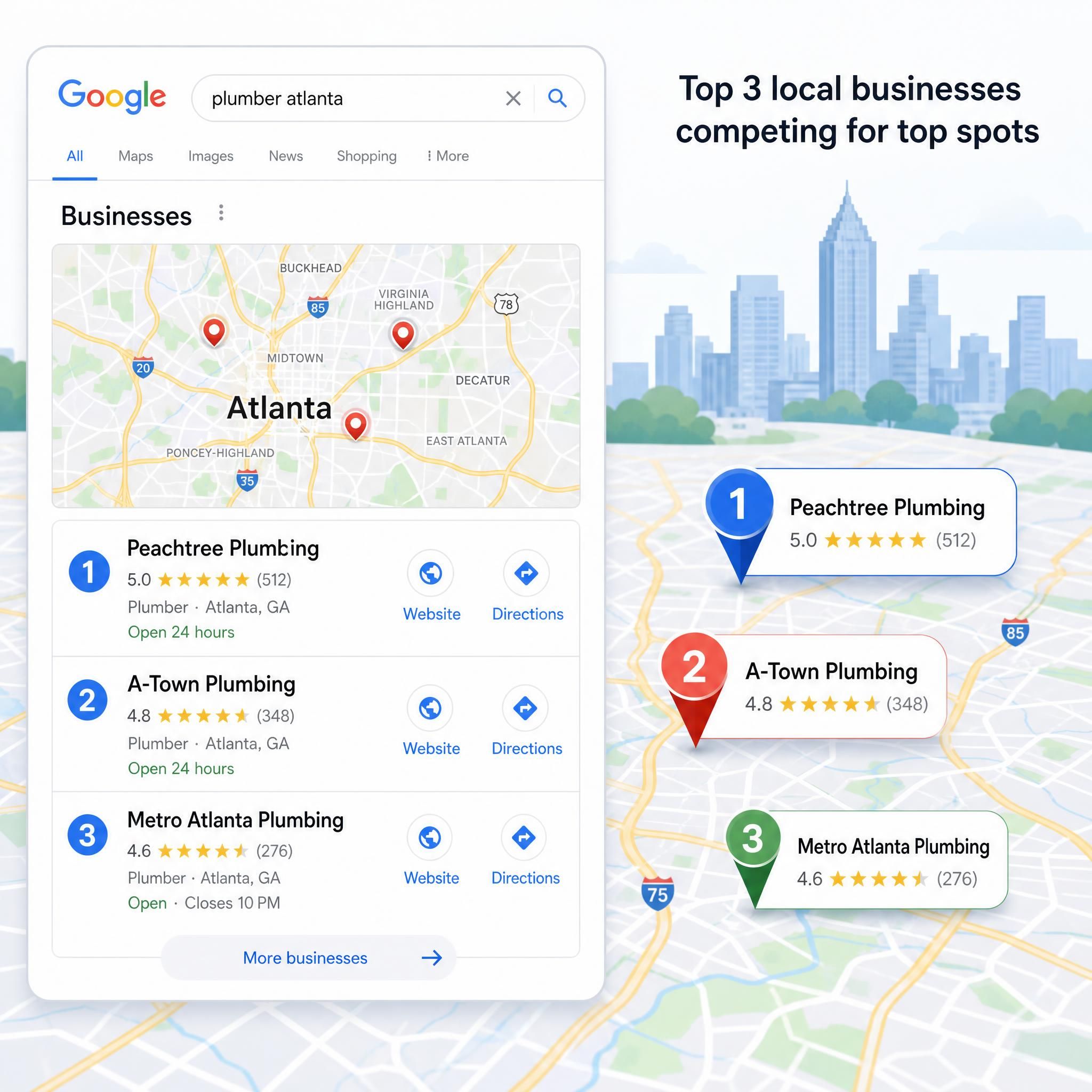 Google Maps local 3-pack results showing Atlanta businesses competing for top positions