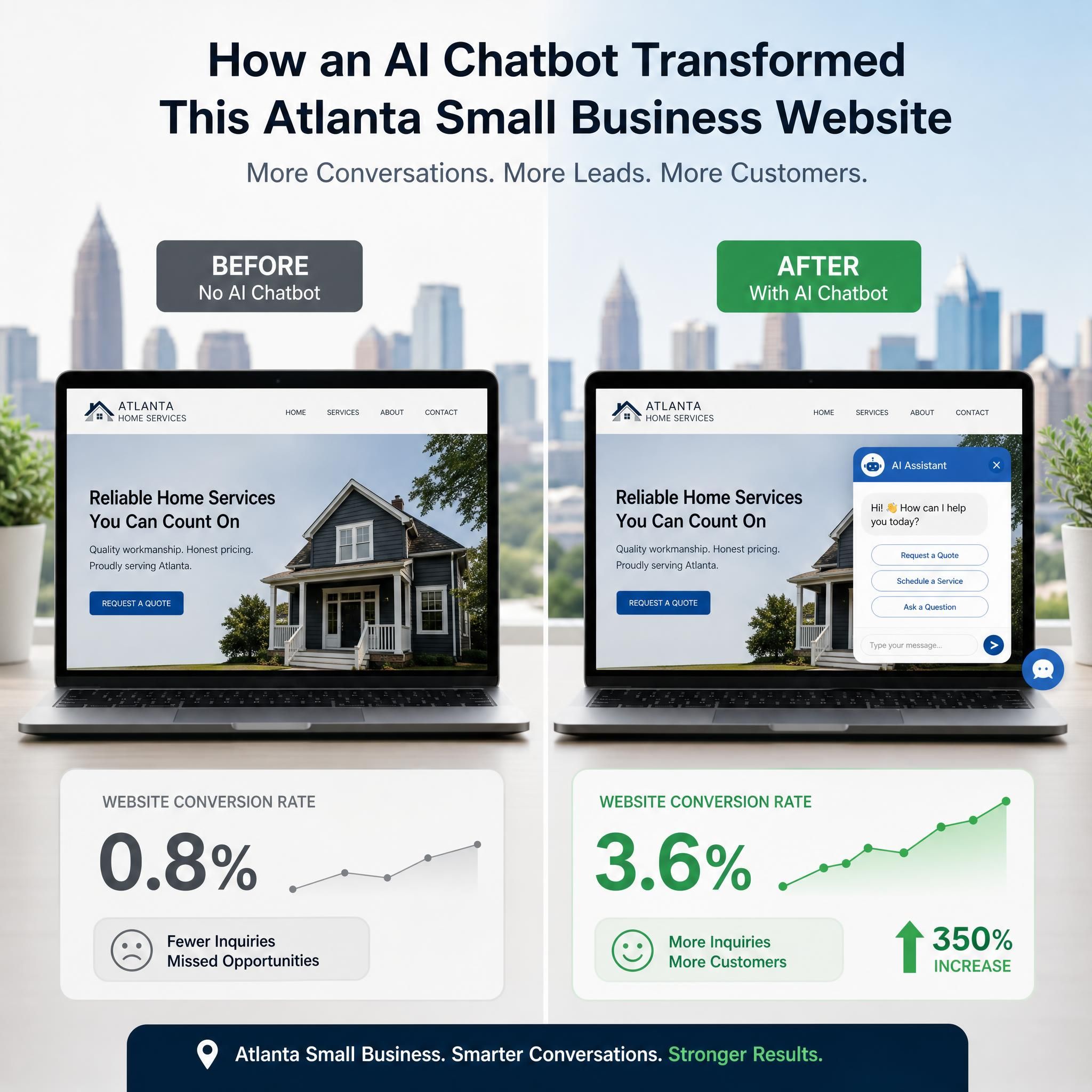 Split comparison showing Atlanta small business website before and after implementing AI chatbot, with conversion rate metrics