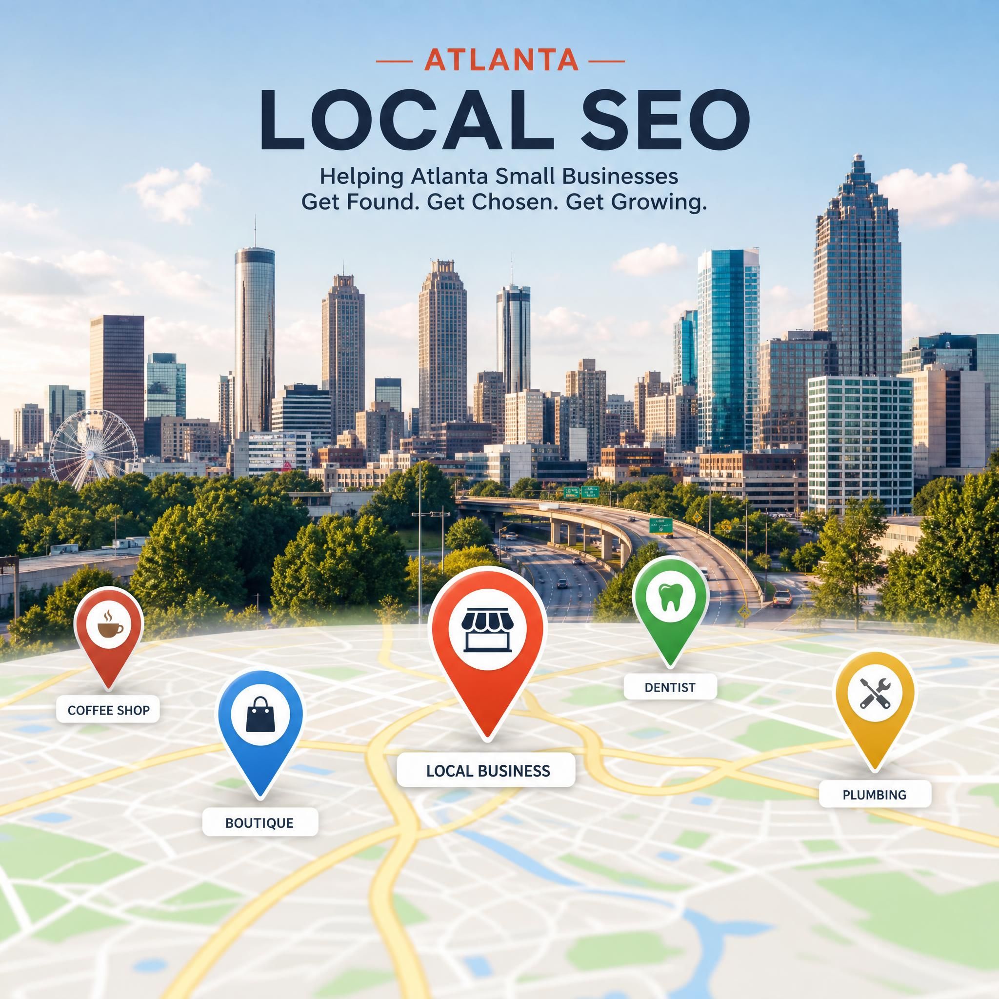 Atlanta skyline with Google Maps pins overlaid, representing local SEO for Atlanta small businesses