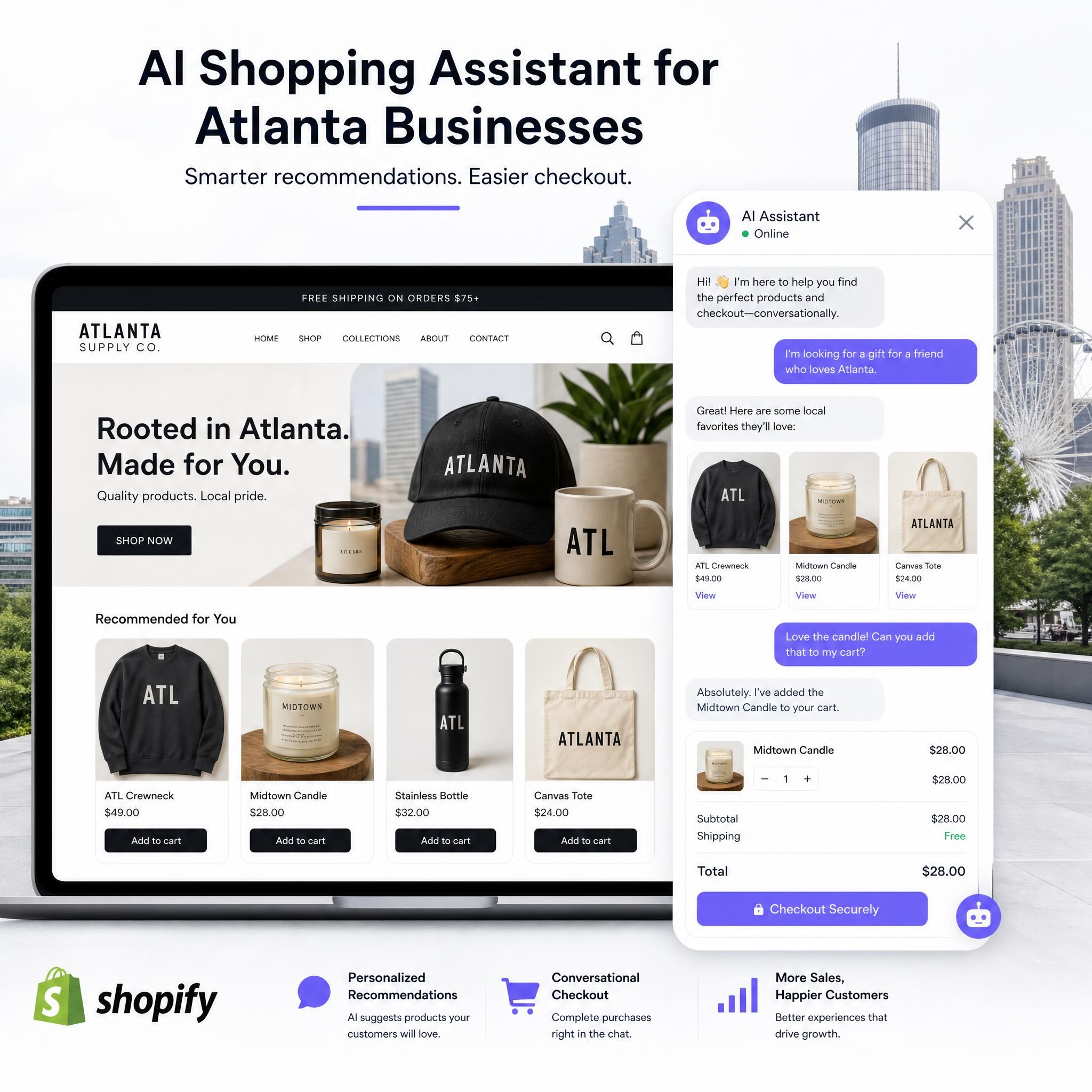 AI chatbot interface on a Shopify storefront showing product recommendations and conversational checkout for Atlanta ecommerce business