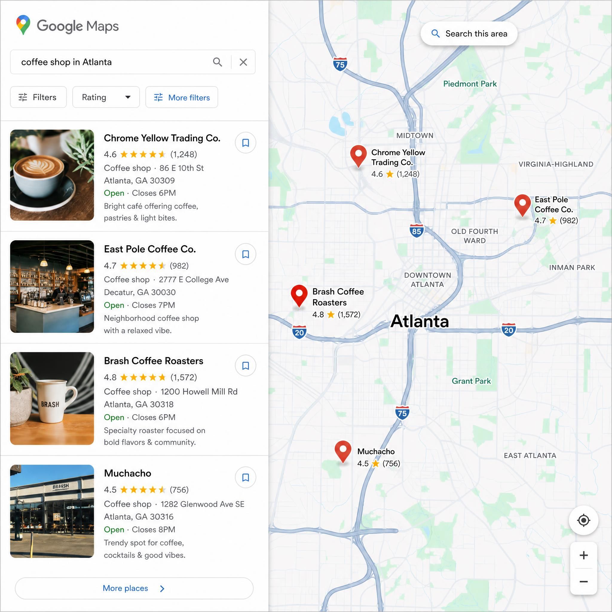 Google Maps interface showing local business listings with star ratings and review counts for Atlanta businesses