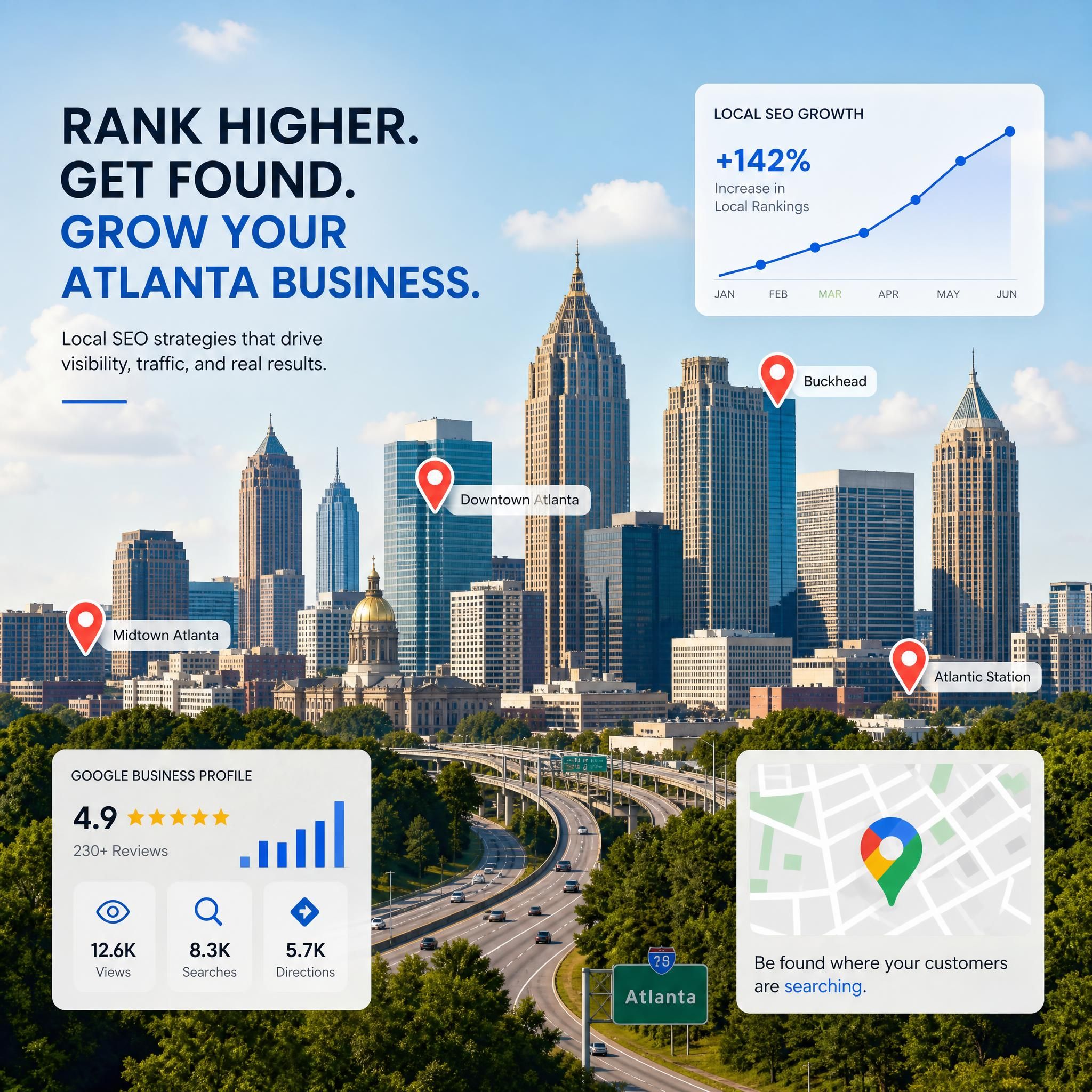 Atlanta skyline with digital marketing overlay showing Google Maps pins and SEO growth charts