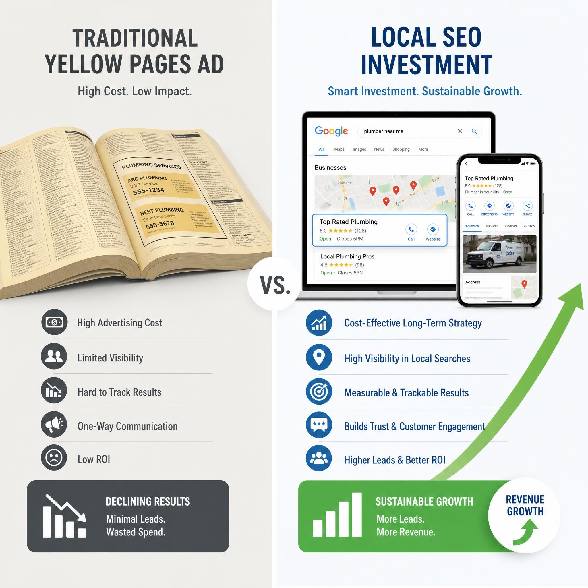 Split comparison showing traditional Yellow Pages advertising versus local SEO investment with revenue growth arrow