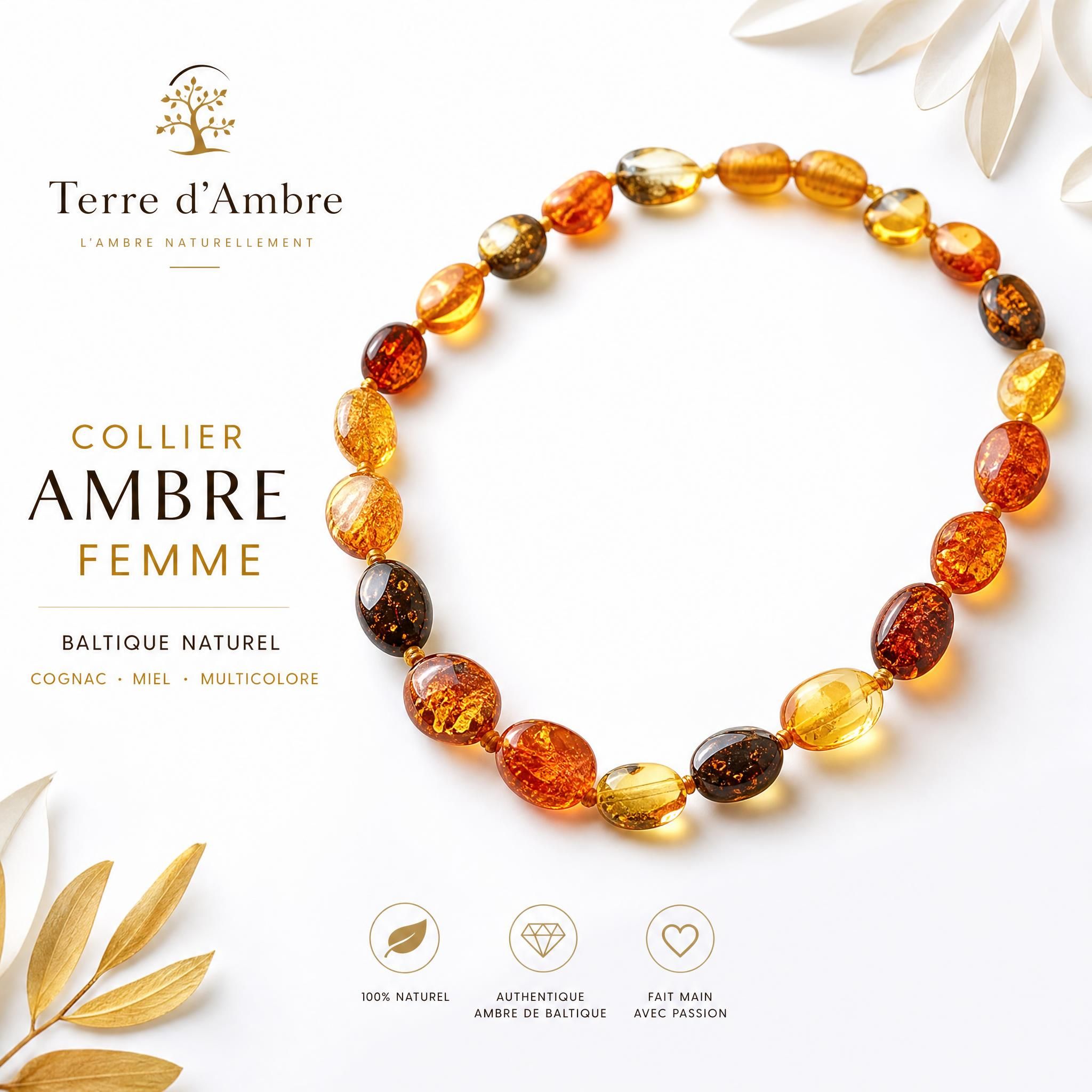 Collier ambre femme baltique naturel cognac miel multicolore sur fond blanc élégant - bijoux ambre femme Terre d'Ambre