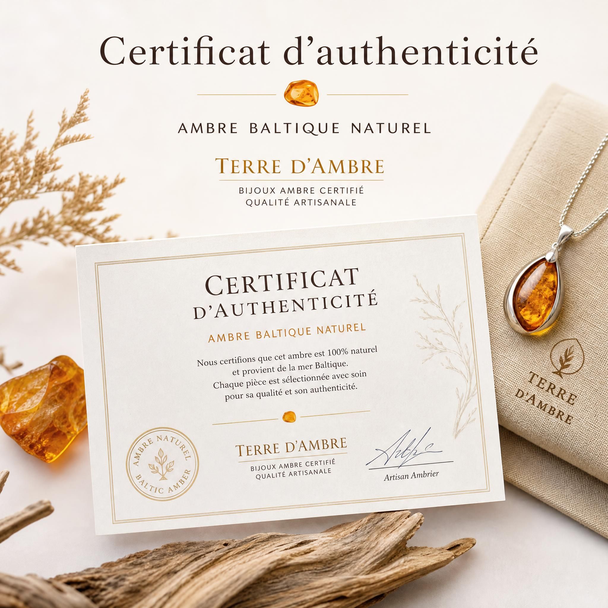 Certificat authenticité ambre baltique naturel Terre d'Ambre - bijoux ambre certifié qualité artisanale