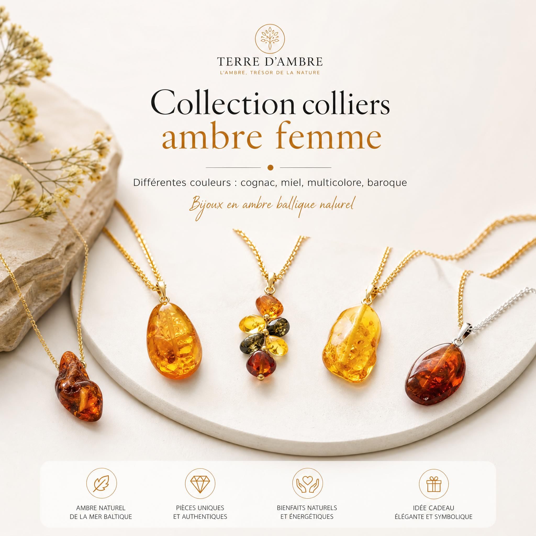 Collection colliers ambre femme différentes couleurs cognac miel multicolore baroque - bijoux ambre baltique naturel Terre d'Ambre