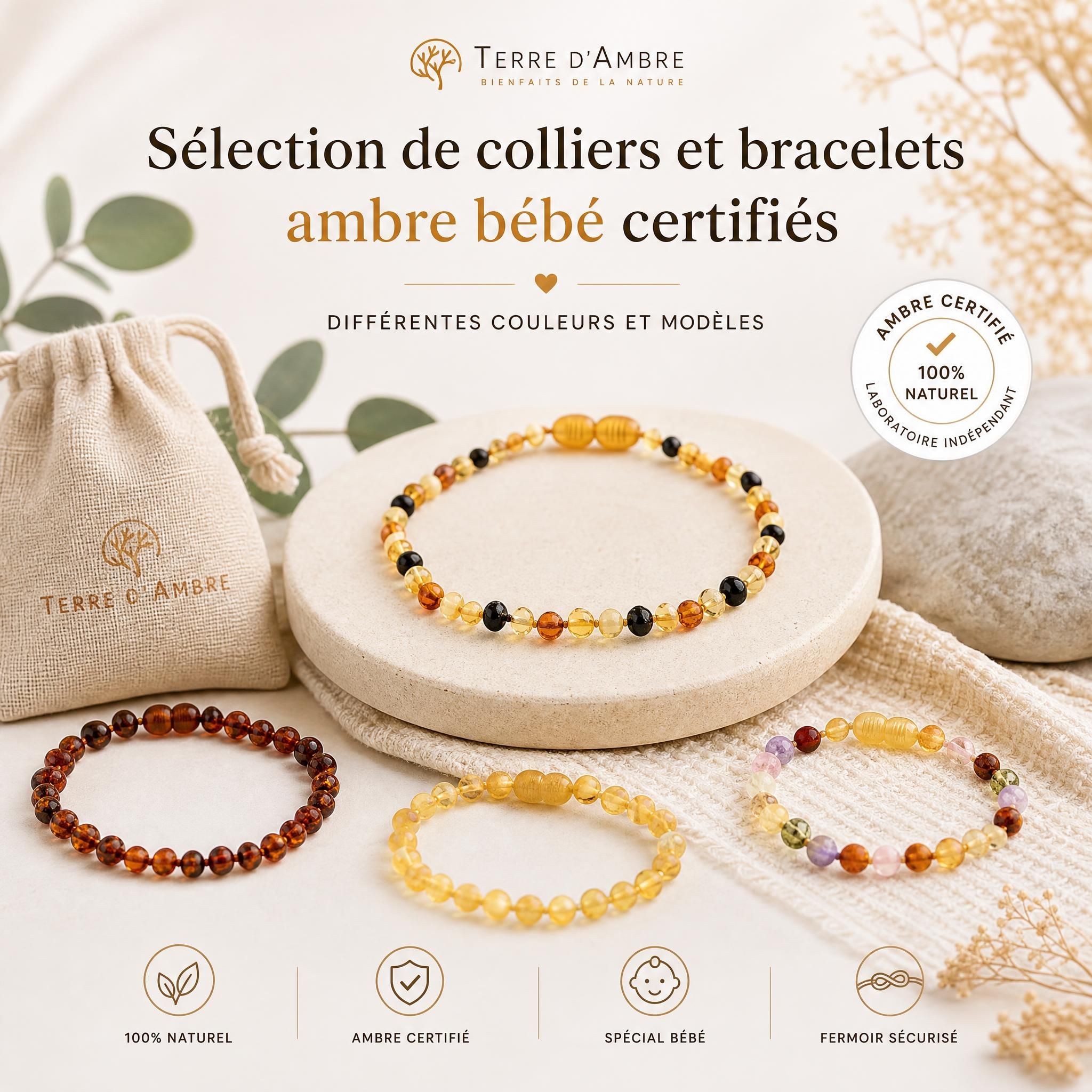 Sélection de colliers et bracelets ambre bébé certifiés de la boutique Terre d'Ambre – différentes couleurs et modèles