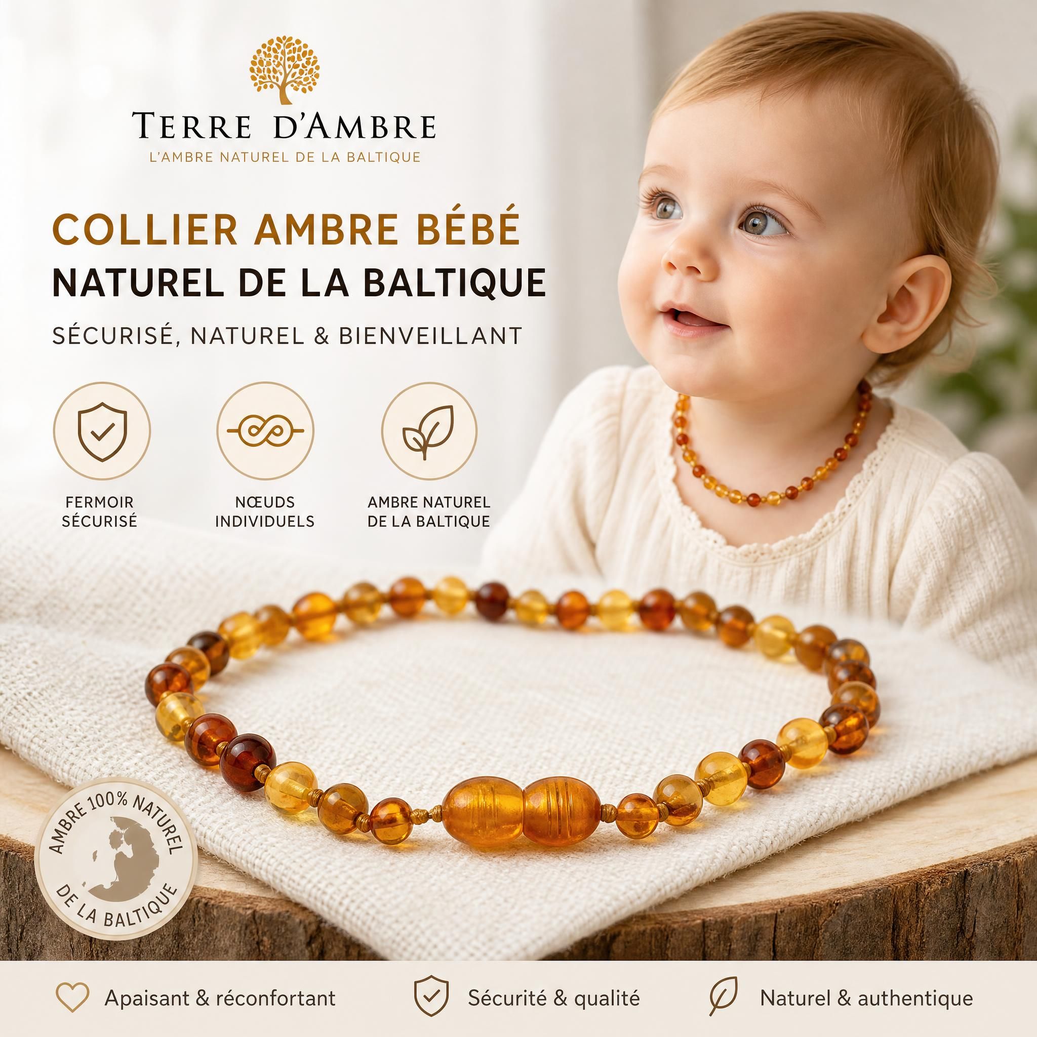 Collier ambre bébé naturel de la Baltique avec fermoir sécurisé et nœuds individuels – Terre d'Ambre
