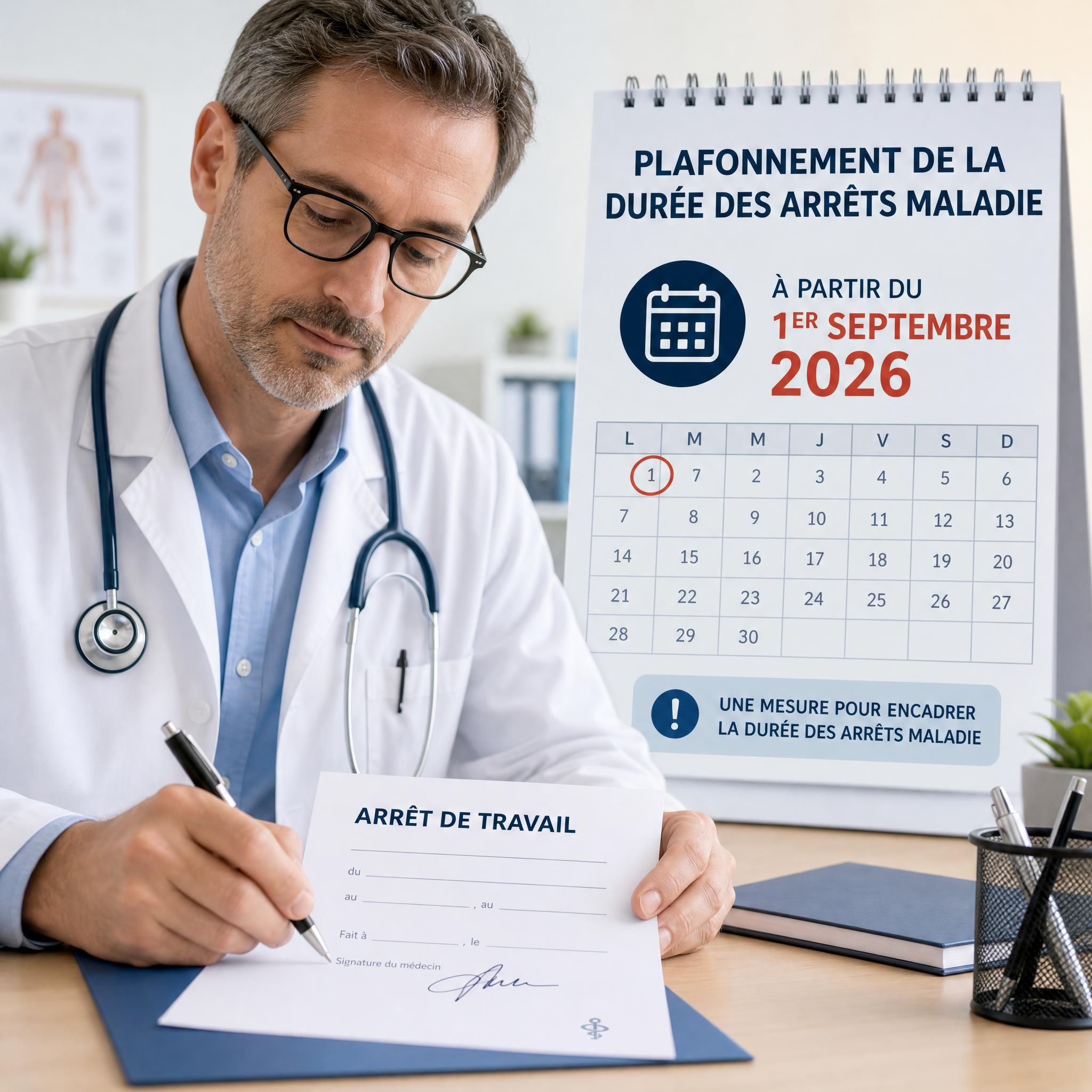 Illustration d'un médecin signant une ordonnance d'arrêt de travail avec un calendrier en arrière-plan symbolisant le plafonnement de la durée des arrêts maladie au 1er septembre 2026