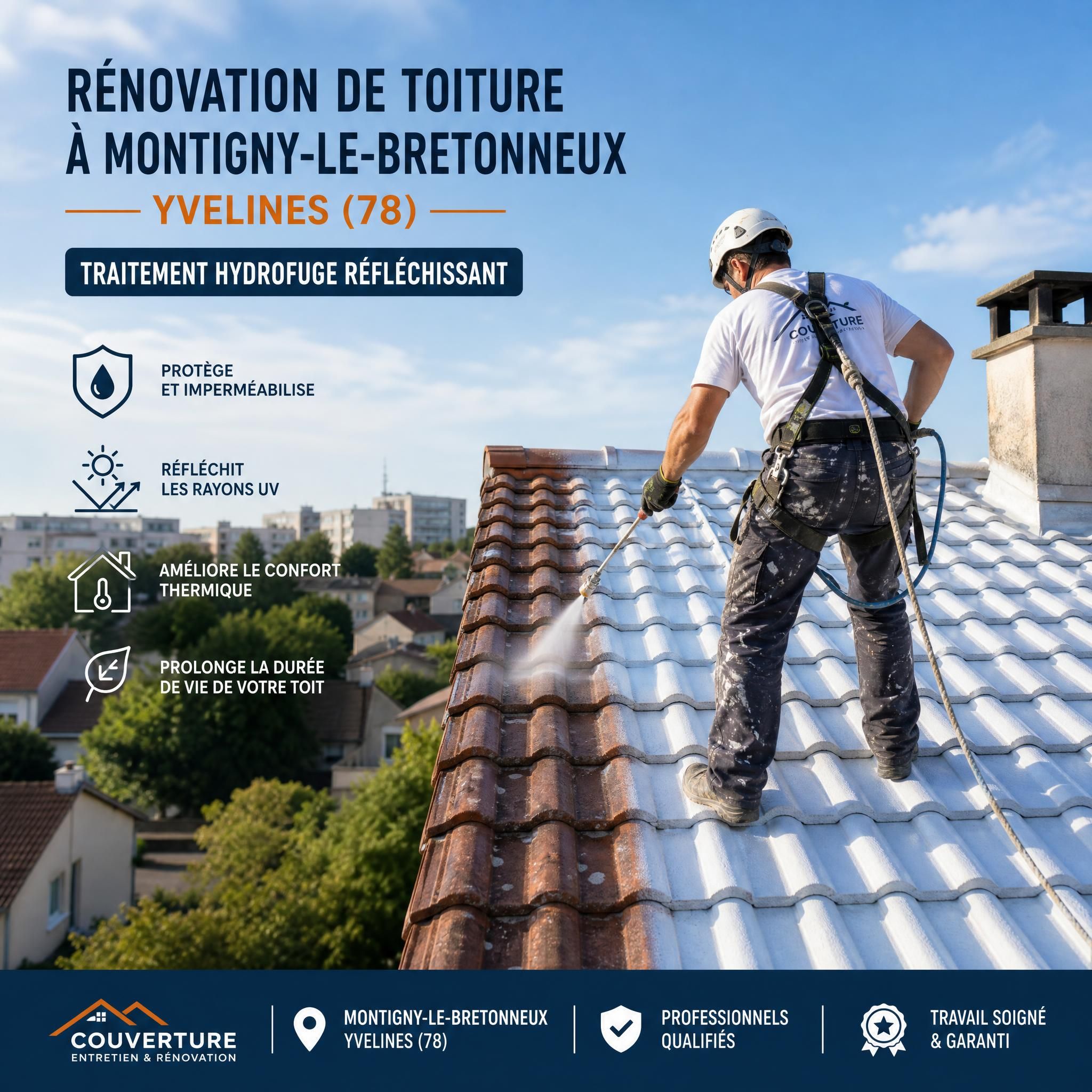 Couvreur rénovant une toiture de maison individuelle à Montigny-le-Bretonneux dans les Yvelines, avec traitement hydrofuge réfléchissant