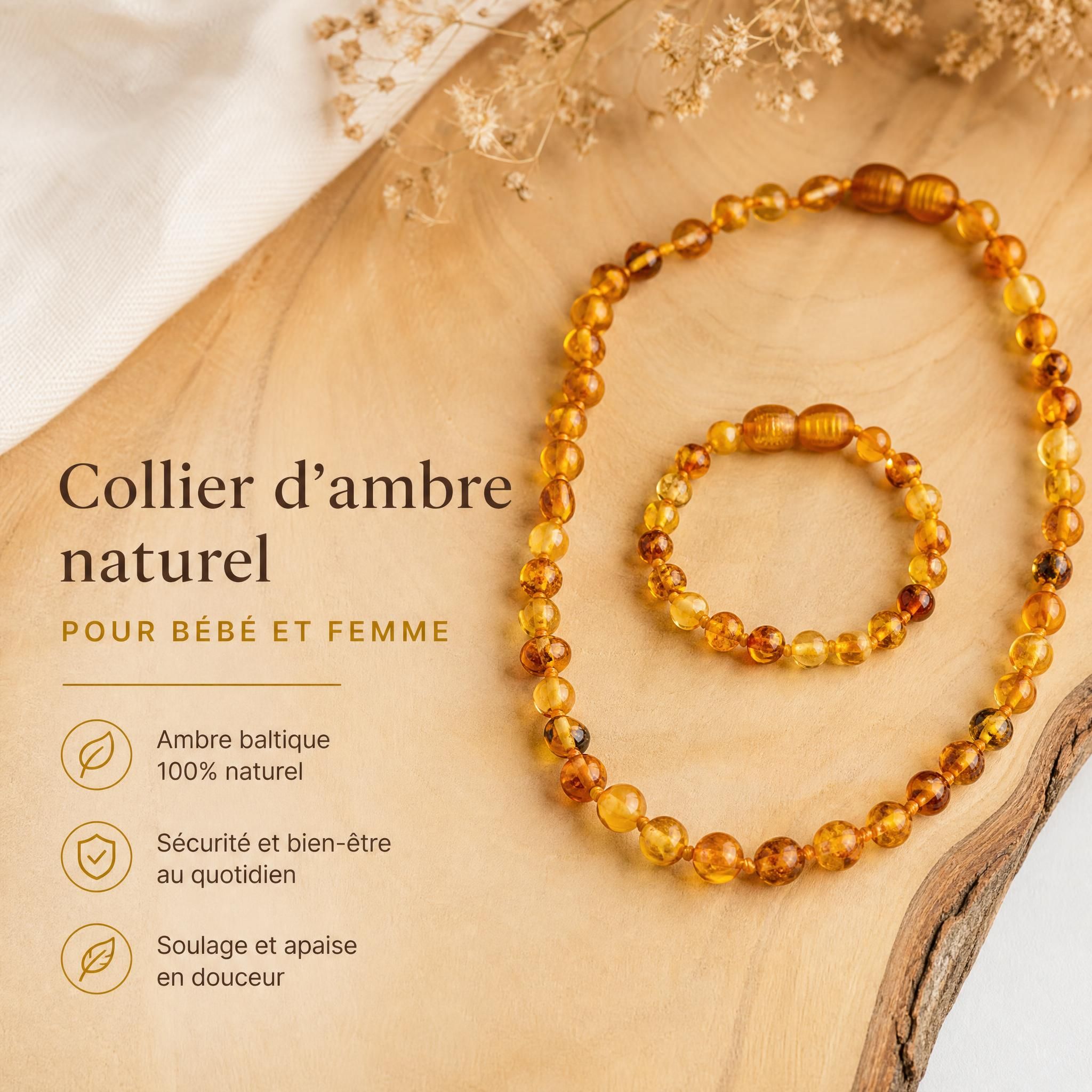 Collier d'ambre baltique naturel pour bébé et femme, perles dorées sur fond bois naturel