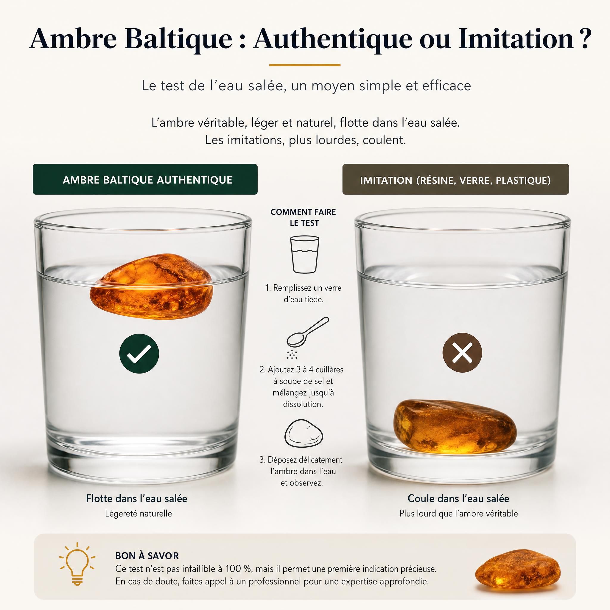 Comparaison ambre baltique authentique versus imitation, test de l'eau salée