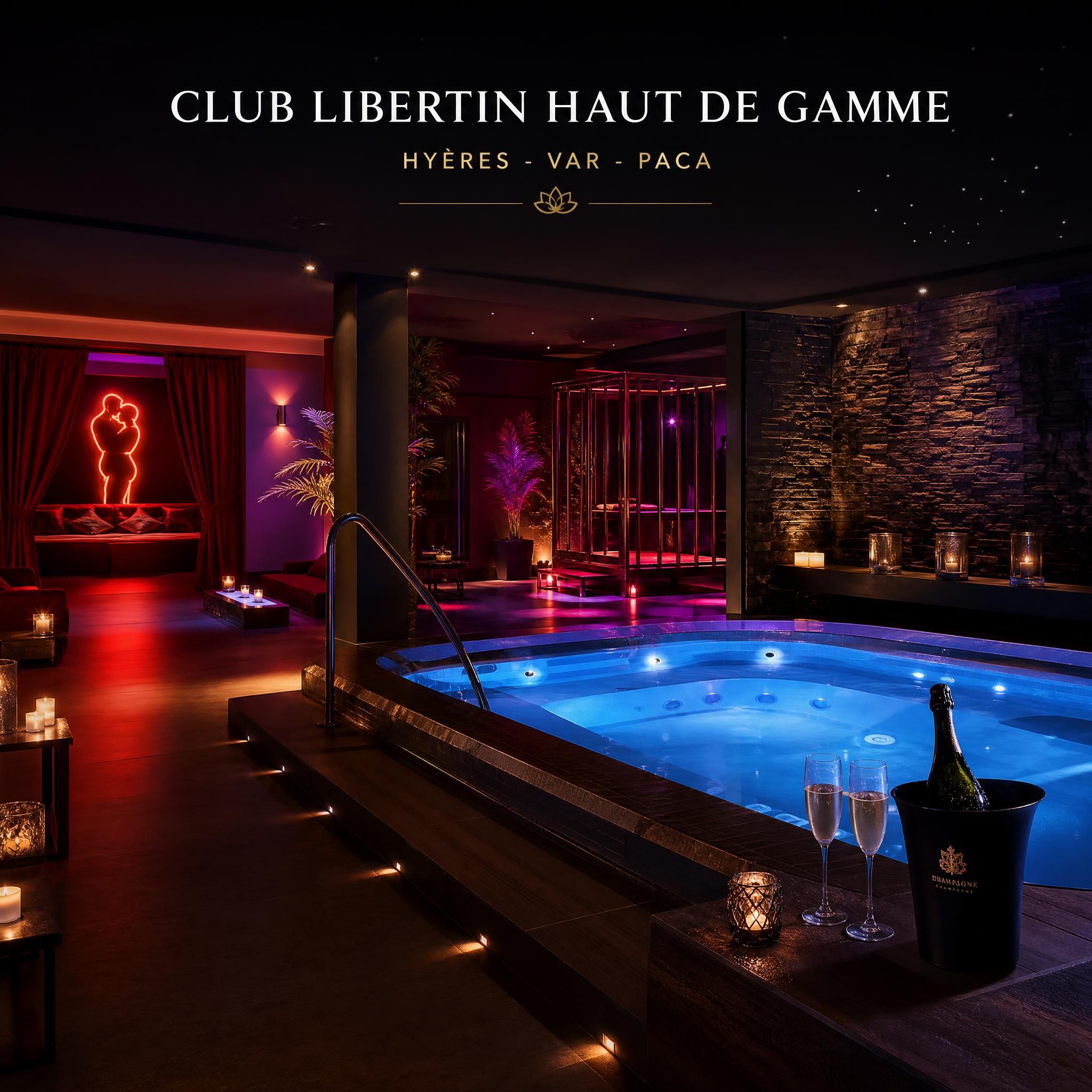 Ambiance nocturne raffinée d'un club libertin haut de gamme avec éclairages tamisés et espace balnéo luxueux à Hyères, Var, PACA