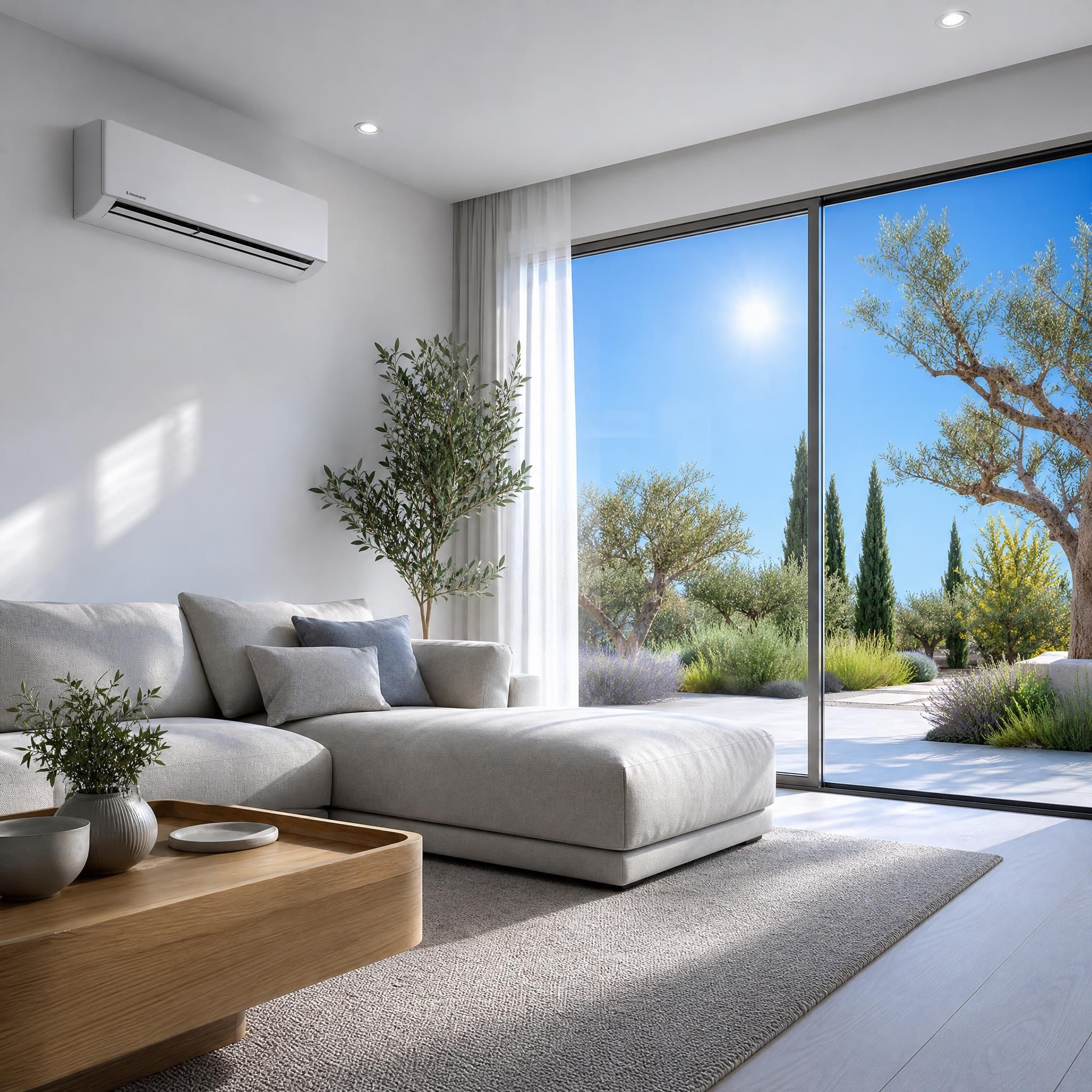 Panneaux solaires photovoltaïques installés sur toiture sous un ciel bleu intense de canicule estivale en Occitanie, avec rayons de soleil intenses