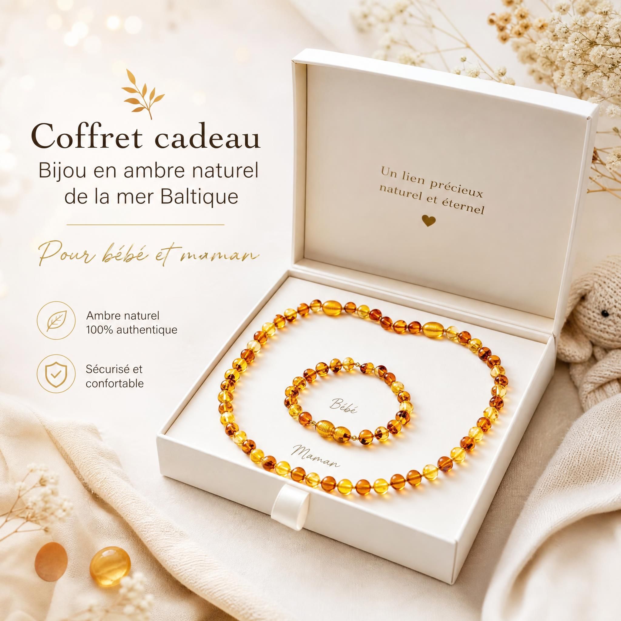 Coffret cadeau bijou en ambre naturel de la mer Baltique pour bébé et maman, fond doux et lumineux
