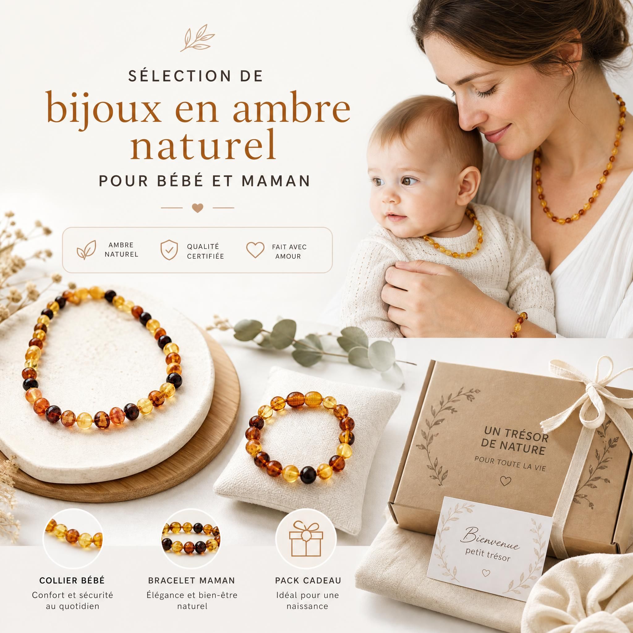 Sélection de bijoux en ambre naturel pour bébé et maman - collier, bracelet et pack cadeau naissance