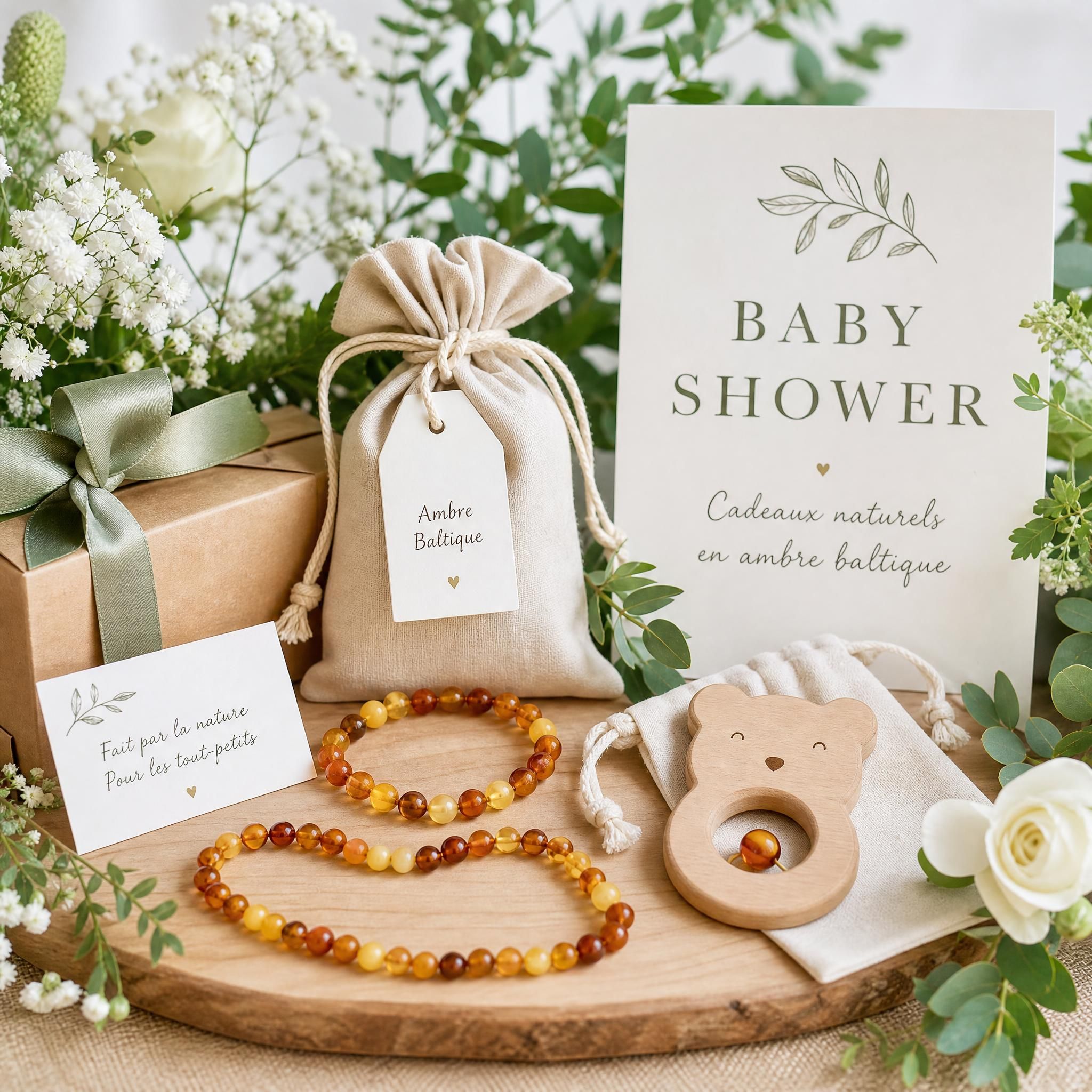 Cadeaux baby shower naturels en ambre baltique disposés sur une table décorée de fleurs et de feuilles vertes