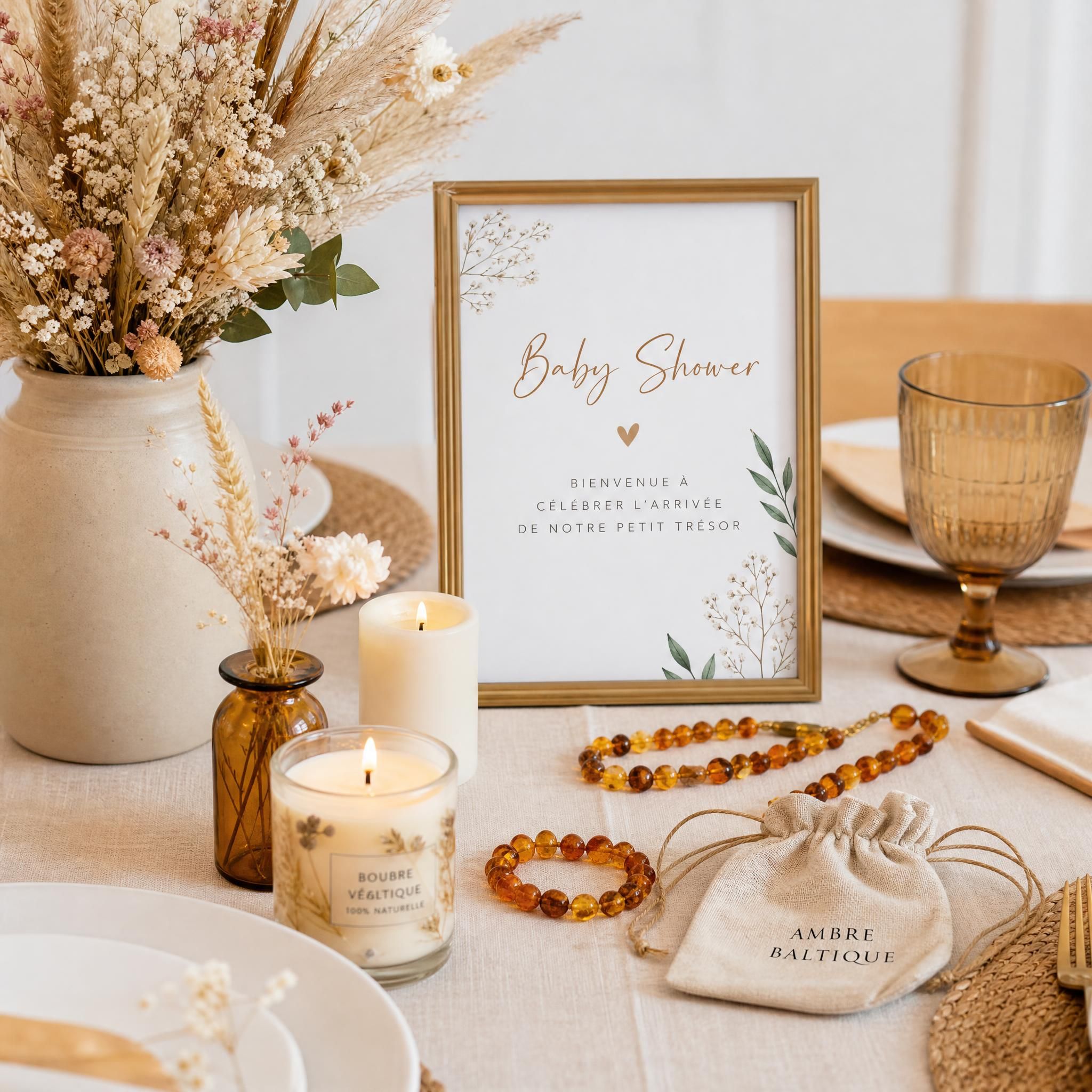 Décoration de table baby shower naturelle avec bijoux en ambre baltique, fleurs séchées et bougies végétales
