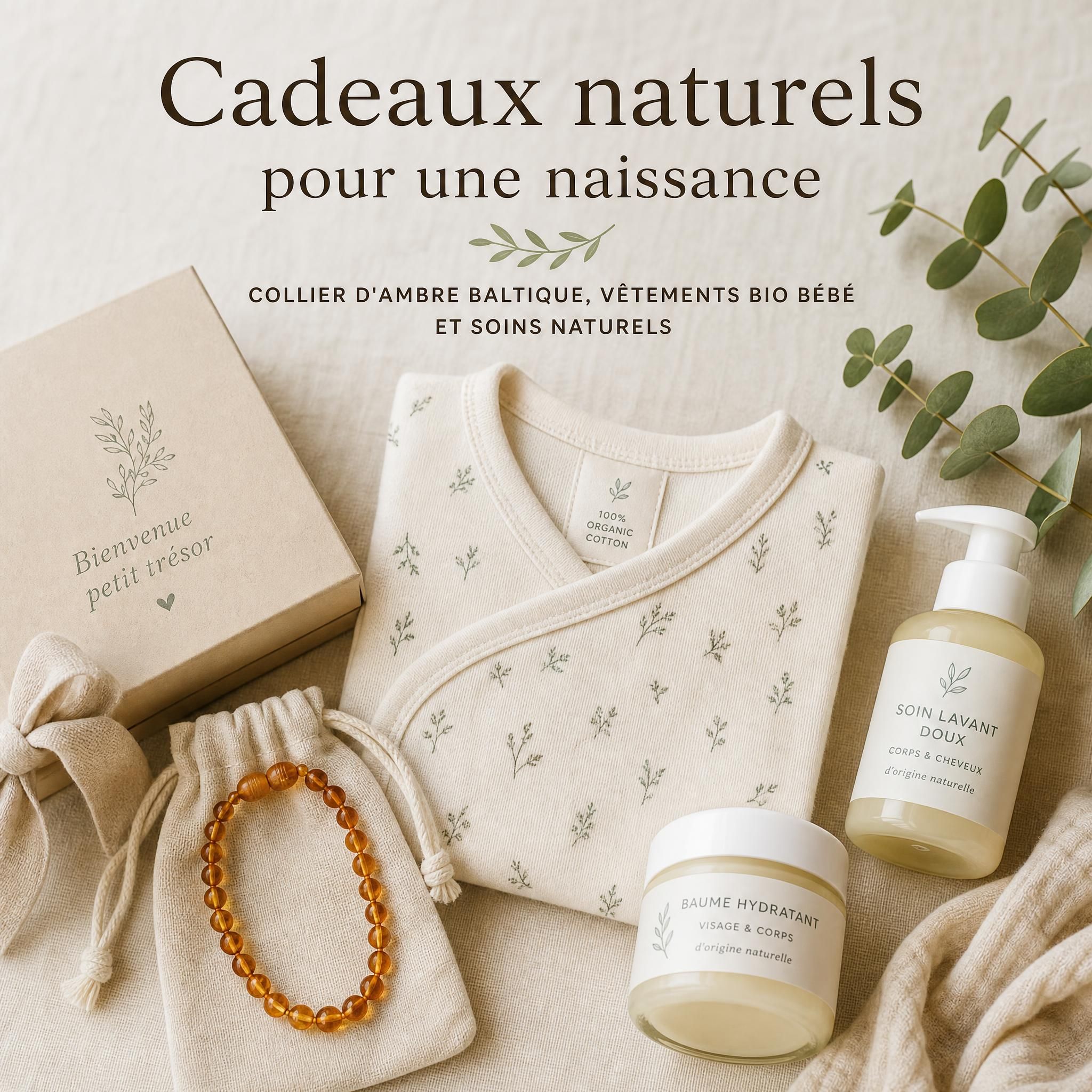 Cadeaux naturels pour une naissance — collier d'ambre baltique, vêtements bio bébé et soins naturels disposés sur tissu en lin